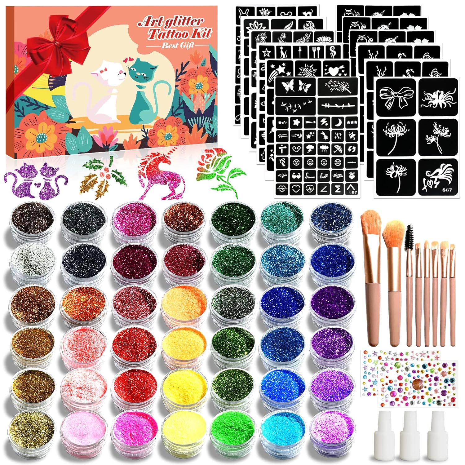 Glitzer Tattoo Set Für Kinder - 38 Farben Mit 153 Motiven & Strasssteinen