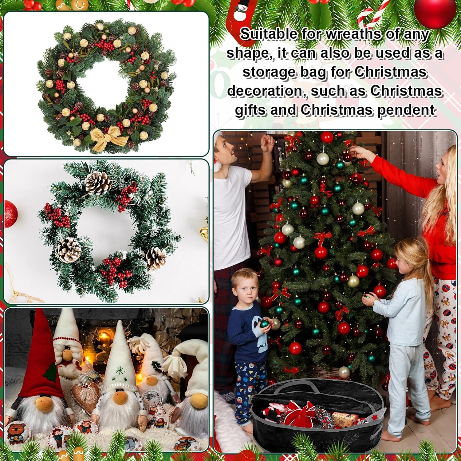 Windyun 8 Pcs Christmas Wreath Storage Container Bulk 30 Inch Wreath Plastic Storage Bags with Handles and Dual Zippers for Xmas Garland Holiday Decoration Tarp Material Heavy Duty(Black)