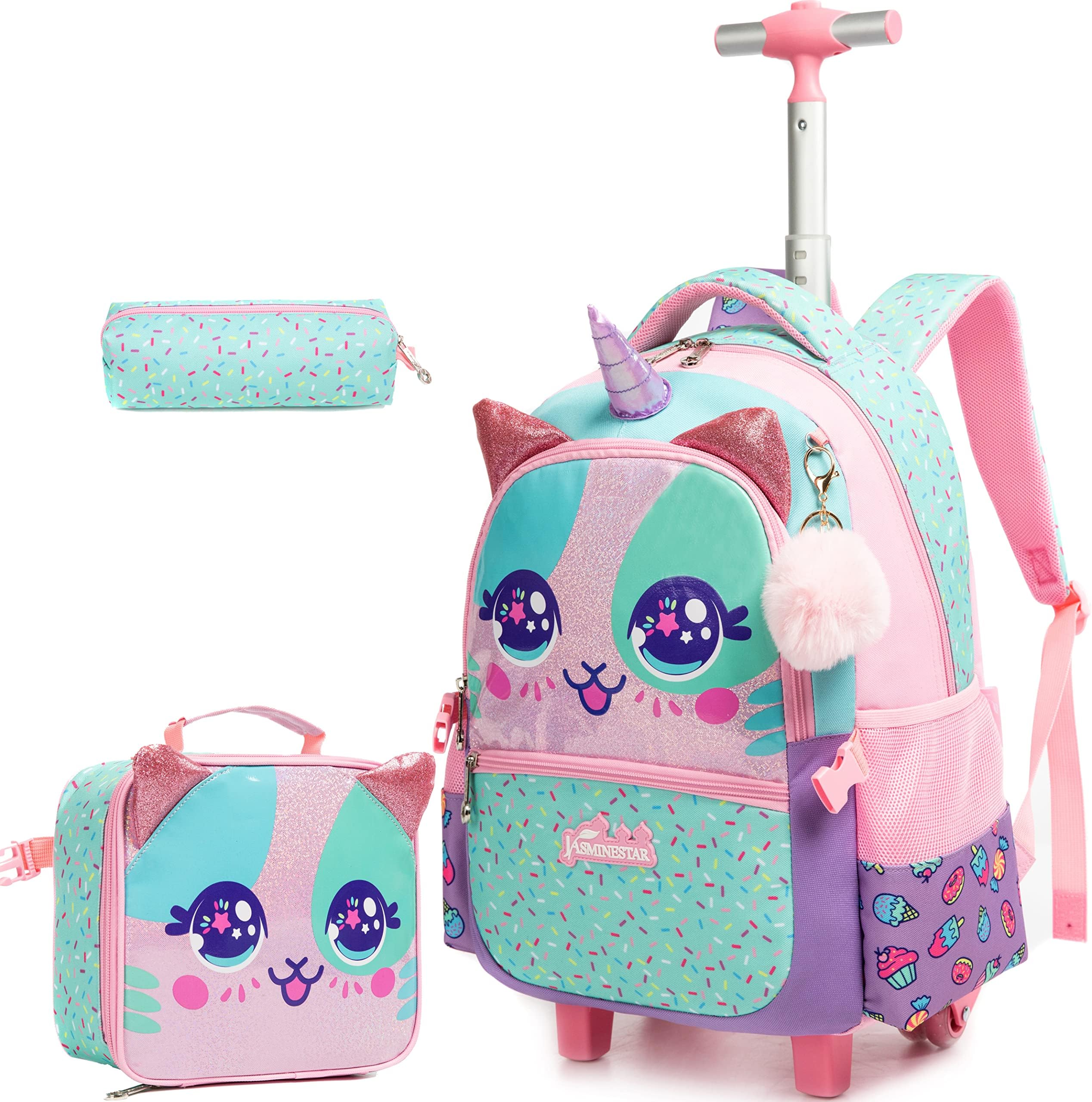 MYHSBYORolling Backpack for Girls Kids Backpack with Wheels Roller Backpack with Wheels Set for Elementary Students, Pink, Backpack,portable,travel