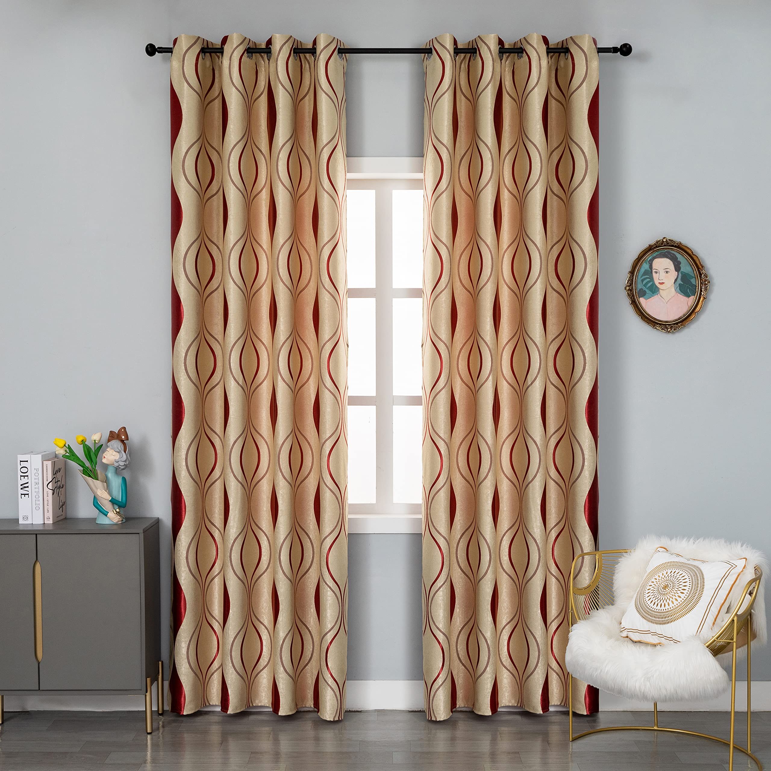 GIRASOLE HOME® Paire de rideaux jacquard semi-opaques à motif ondulé, tende molle isolante thermique pour salon, chambre et intérieur, 2 panneaux avec œillets (Or-Rouge, 140 x 275 cm)
