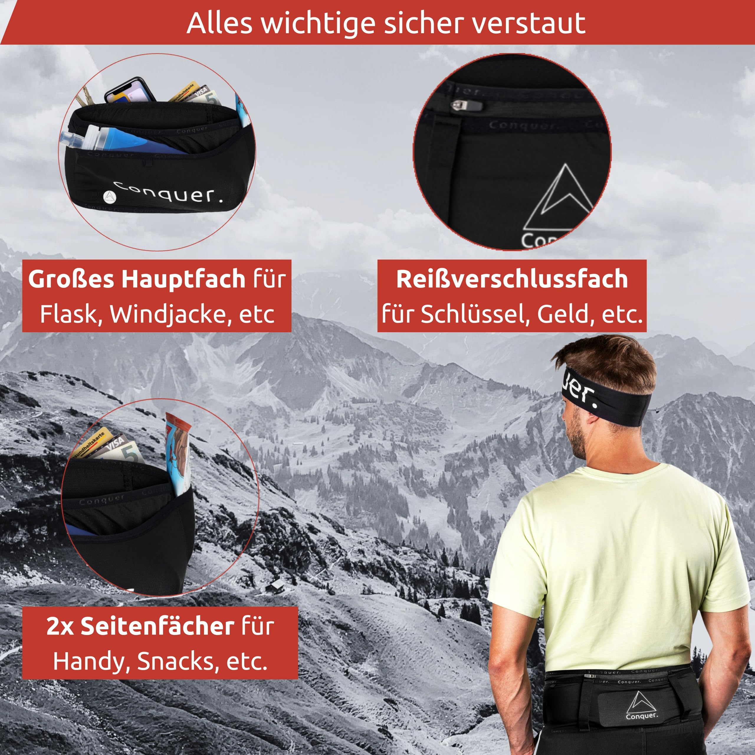 Conquer. Laufgürtel mit Handytasche zum joggen | eng anliegende Lauftasche Damen & Herren mit Handyhalterung, Fach mit Reißverschluss und für Trinkflasche | Trinkgürtel, Running Belt (Laufgürtel, S/M)