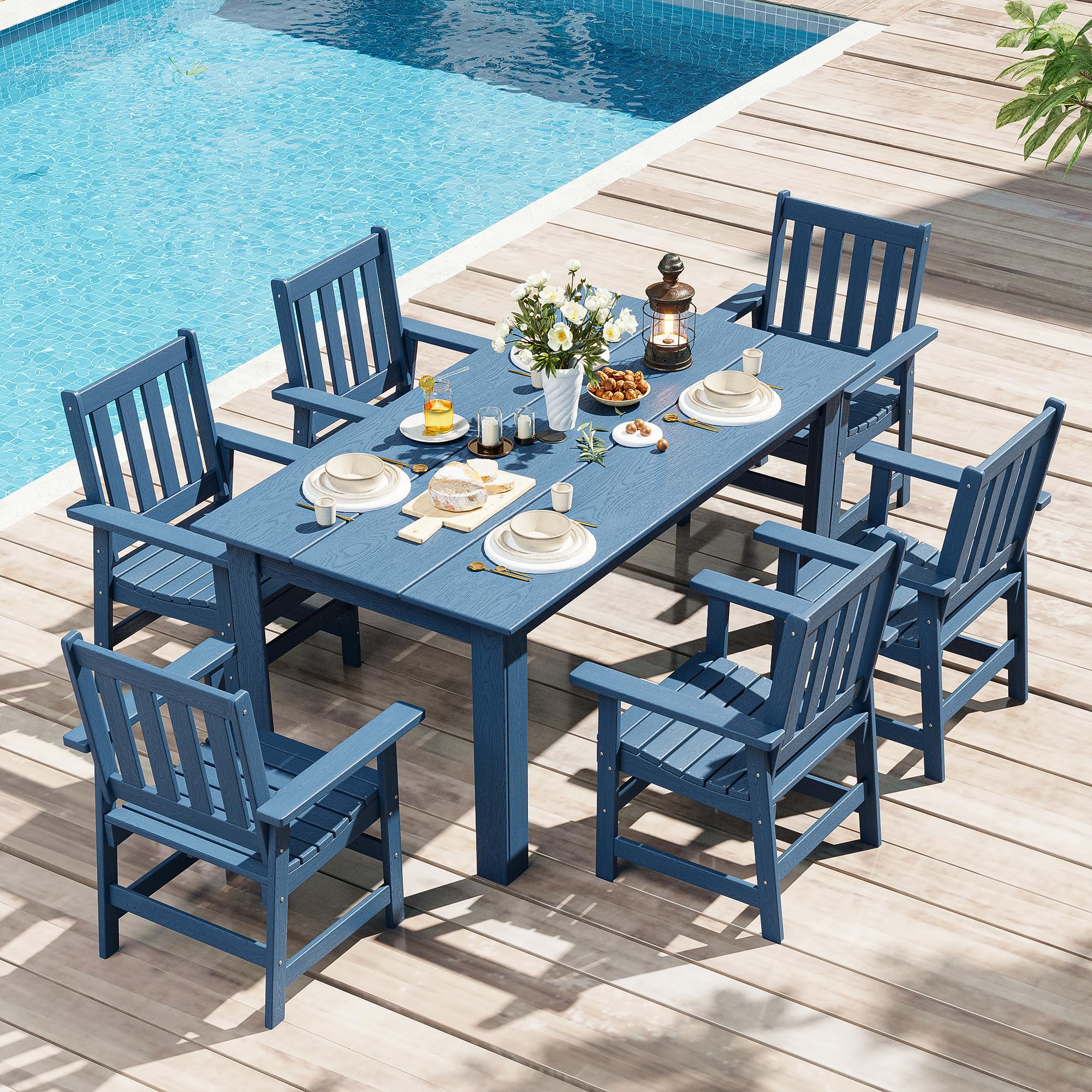 VICLLAX7 Pieces HDPE Outdoor Dining Set for 6, Rectangular Outdoor Dining Table with Umbrella Hole and Chairs Set for Patio, Lawn, Garden, Poolside, Dark Blue