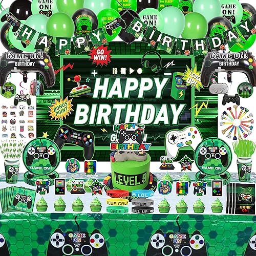 Miniatura 1 de 254 piezas de suministros de fiesta de cumpleaños de videojuegos verdes, decoraciones temáticas de videojuegos para servir a 10 invitados, incluye