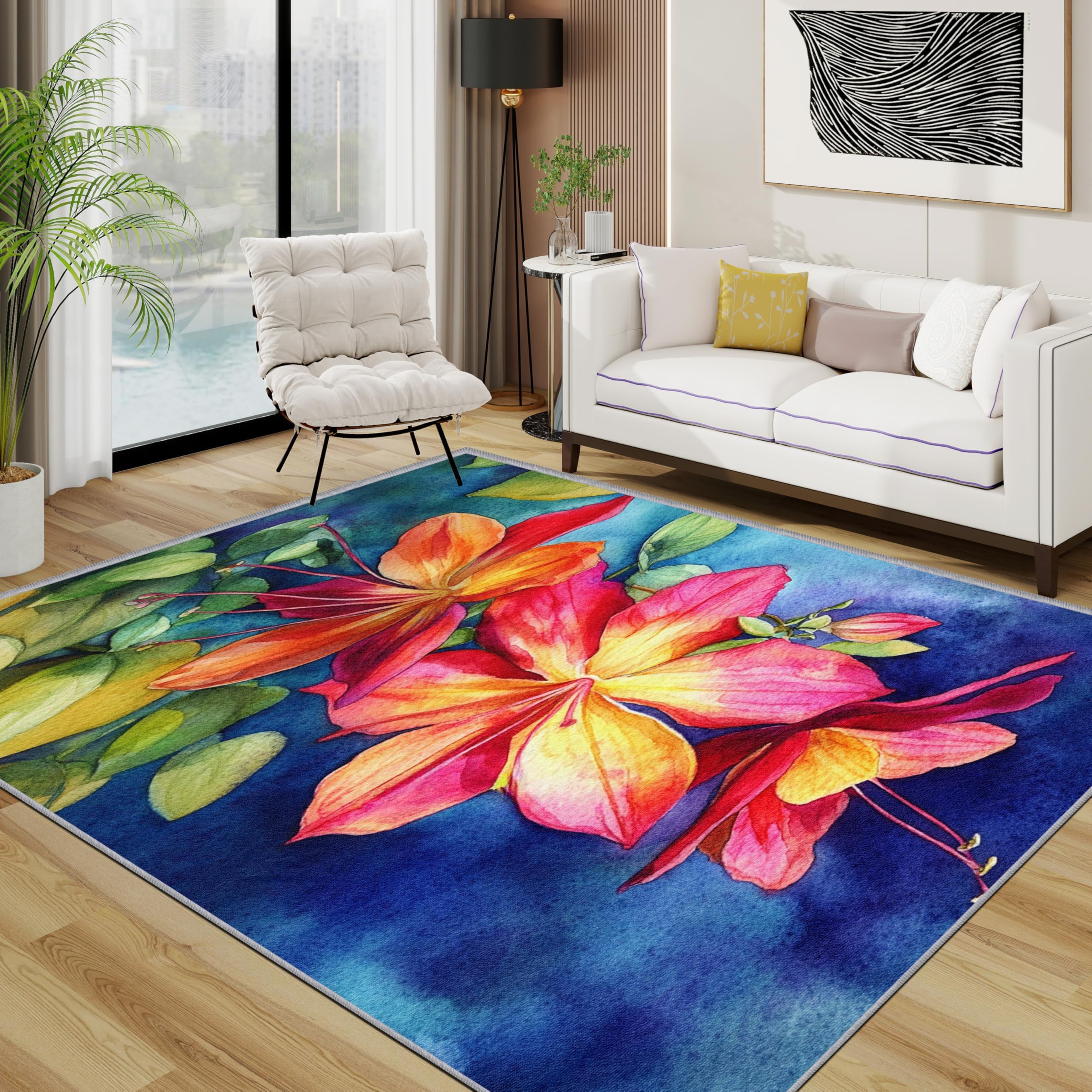Floral Area Rugs for Living Room 80x150 - Colourful Flower Botanical Rug for Bedroom, Tropical Bloom Non Slip Washable Short Pile Carpet, Floral Room Decor