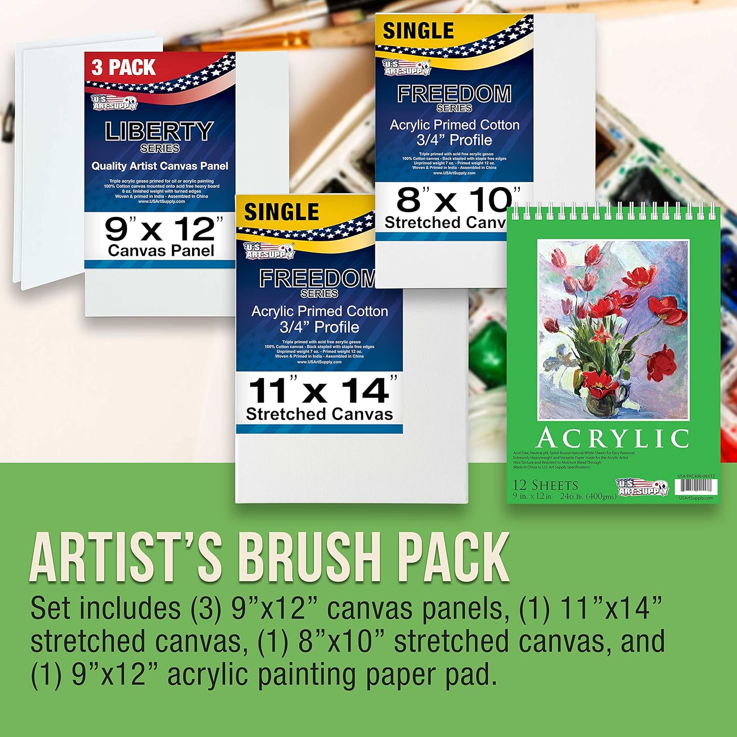 U.S. Art Supply 60-Piece Deluxe Artist Acrylic Painting Set with Aluminum Tabletop Easel, 24 Acrylic Paint Colors, 22 Brushes, 2 Stretched Canvases, 3 Canvas Panels, Paint Palette Knives Painting Pad