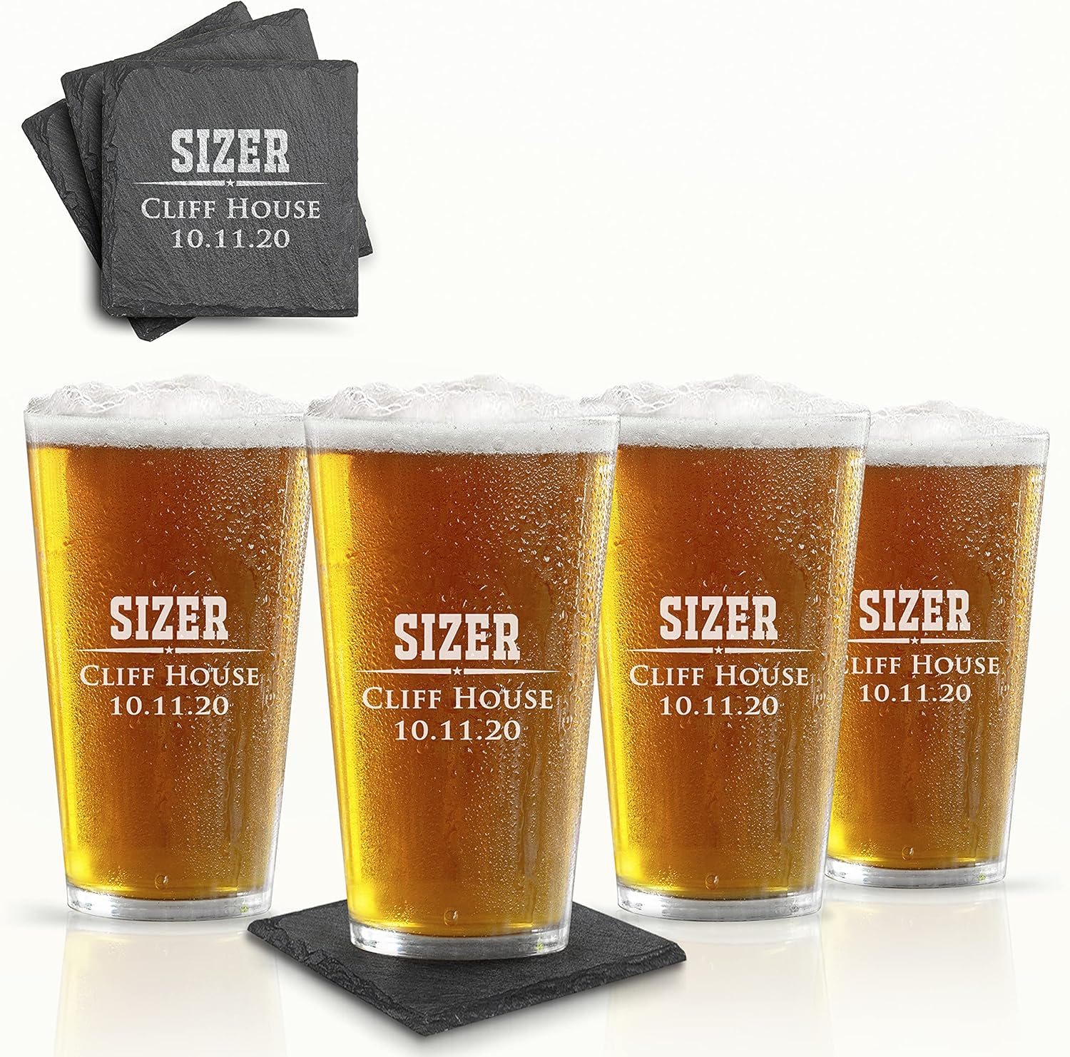 Custom Engraved Pint Glasses for Beer, 16 oz., Personalized Laser Engraved Coasters Set(4"x4") Personalized Beer Glass Set for Men and Women, Couple (4 Set of Beer Glass and Slat Coaster)