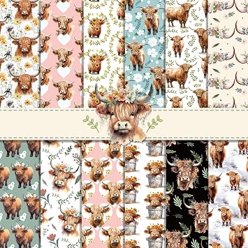 24 Sheets Highland Cattle Scrapbook Paper, Yark Cows Animal Decorative Craft Folded Flat for Birthday Wedding Card Making Photo Album Decor, 12 x 12