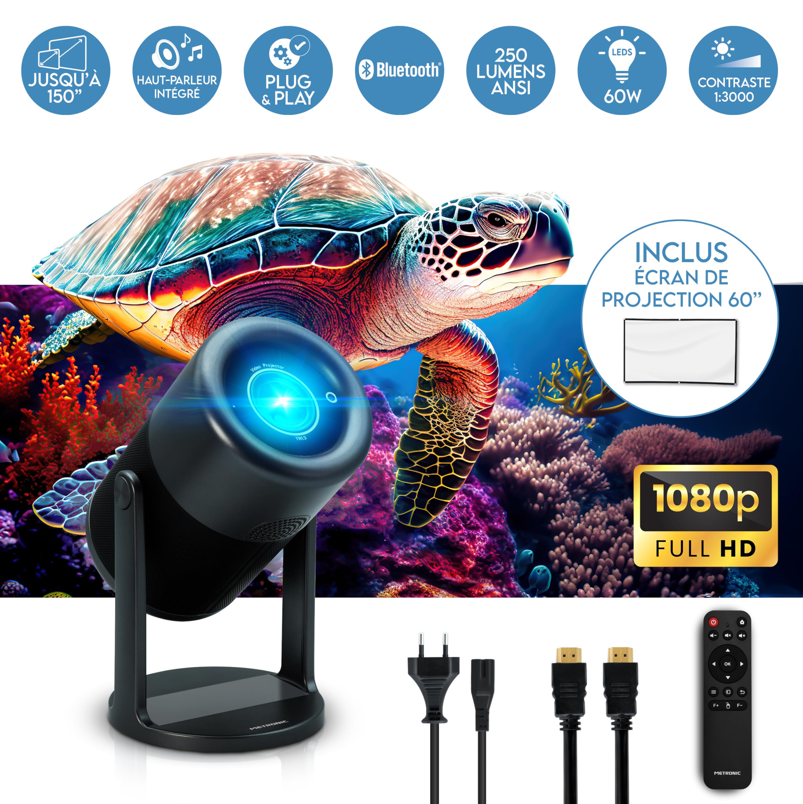 Metronic 475350 – Proyector Portátil WiFi Bluetooth | 3000 LM | Full HD Compatible | Pantalla hasta 150" | Corrección Trapezoidal Automática | Altavoz | Incluye Pantalla 60" y Mando | Negro