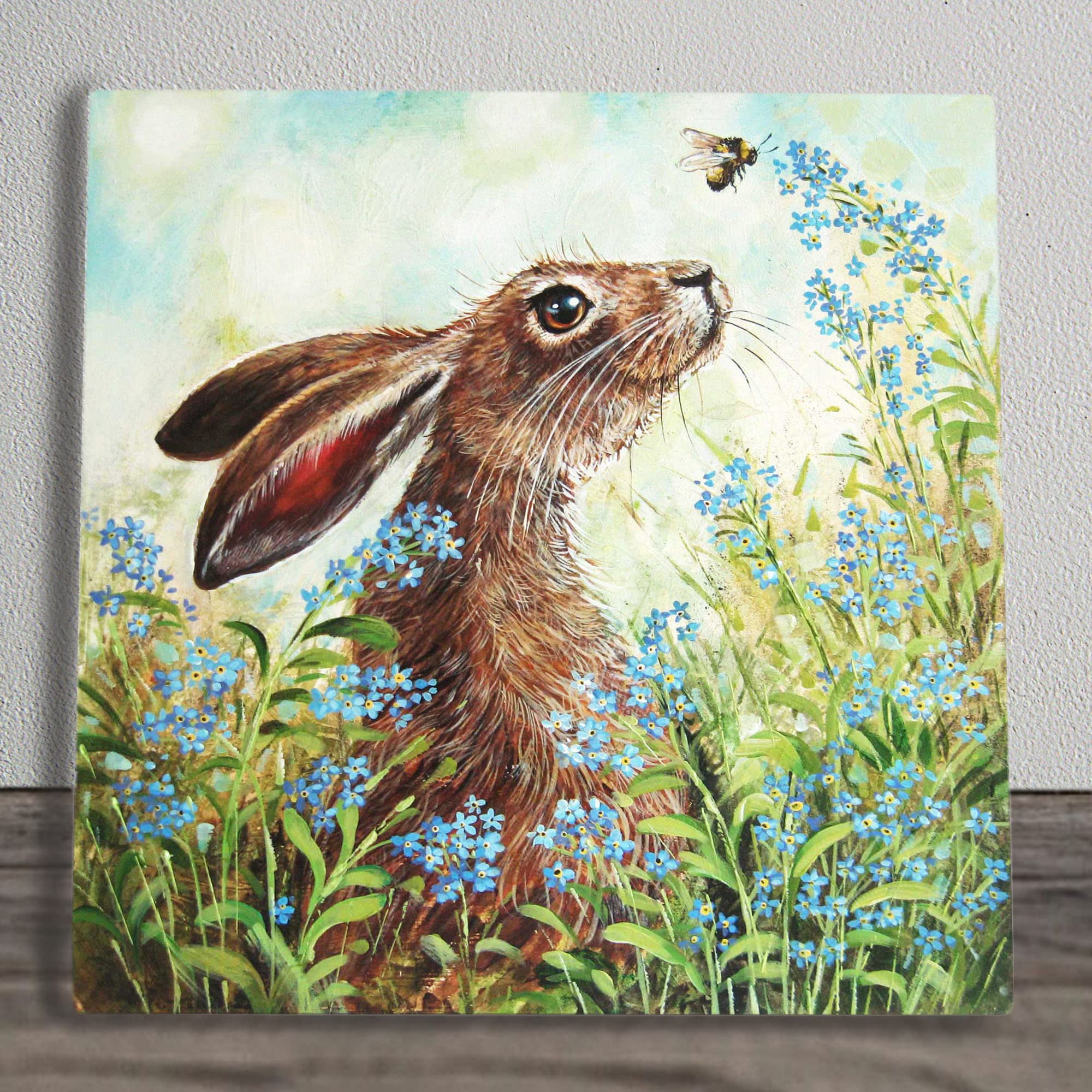 Blue, Brown Forget Me Not Hare Ceramic Picture Tile Artwork By Judith Yates Hanging Wall Art Home Décor