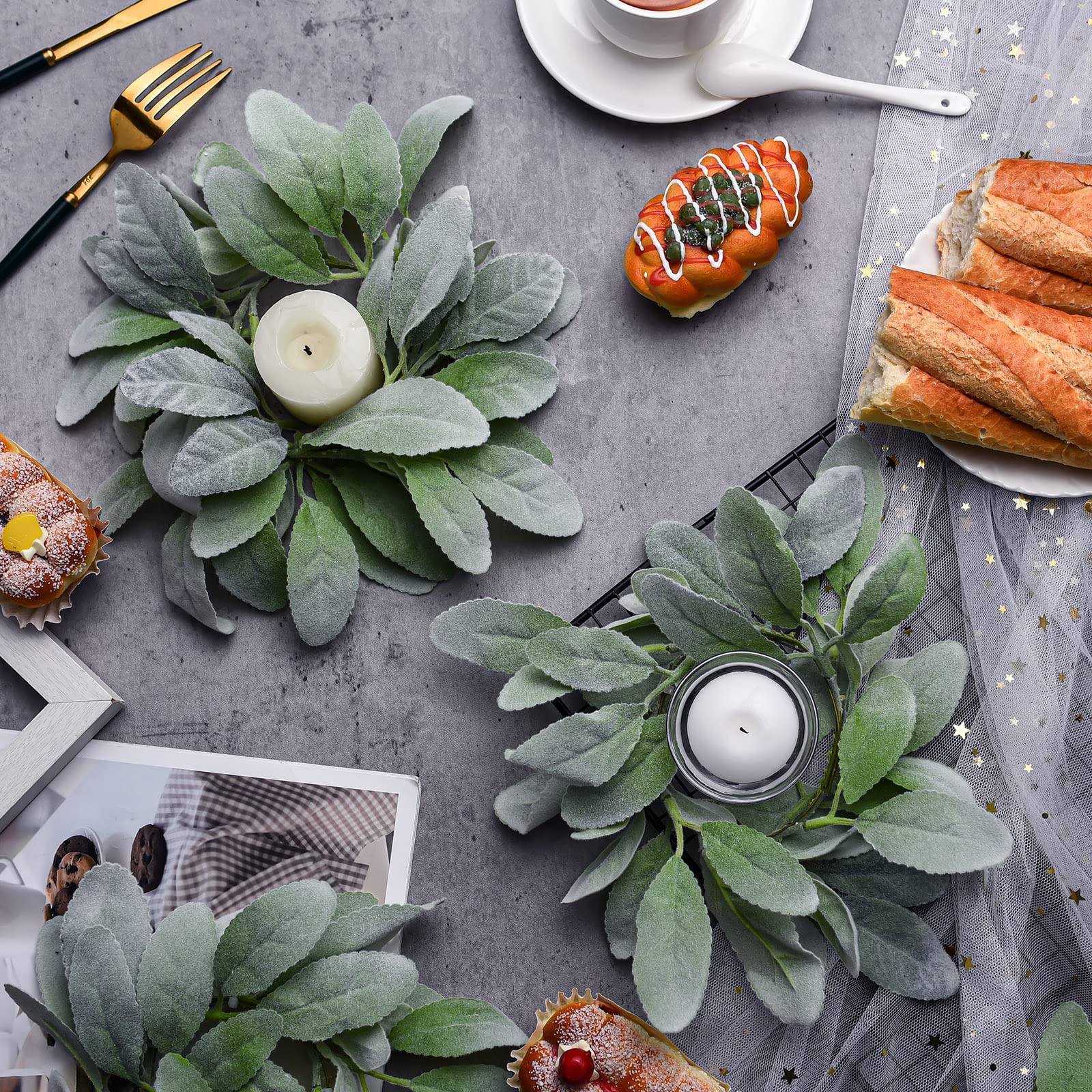 WILLBOND Pillar Candle Rings Wreaths Artificial Eucalyptus Mistletoe Mini Lambs Ear Wreath Christmas Greenery for Pillars Wedding Table Party Home, 3.1 Inch Inner Diameter(12 Pieces)