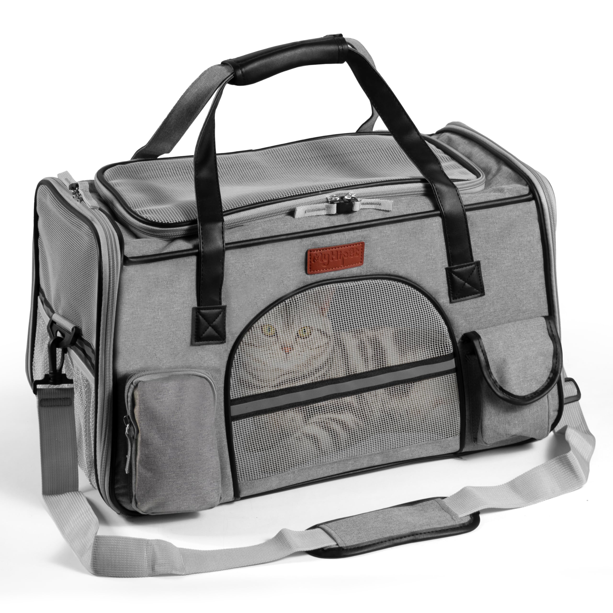 MyHiPet Trasportino per Gatti e Cani Grande in Oxford 300D - Trasportino per cani Auto Ideale anche per Viaggi Aerei - Misura 48x28x30 cm (Grigio)