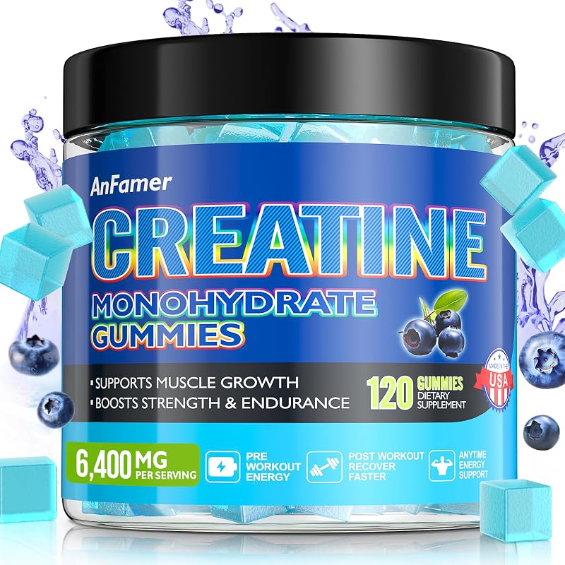 AnFamer Creatina monohidratada em gomas, sabor mirtilo, com L-taurina, vitamina B12, betaína anidra e Alpha GPC, 120 gomas