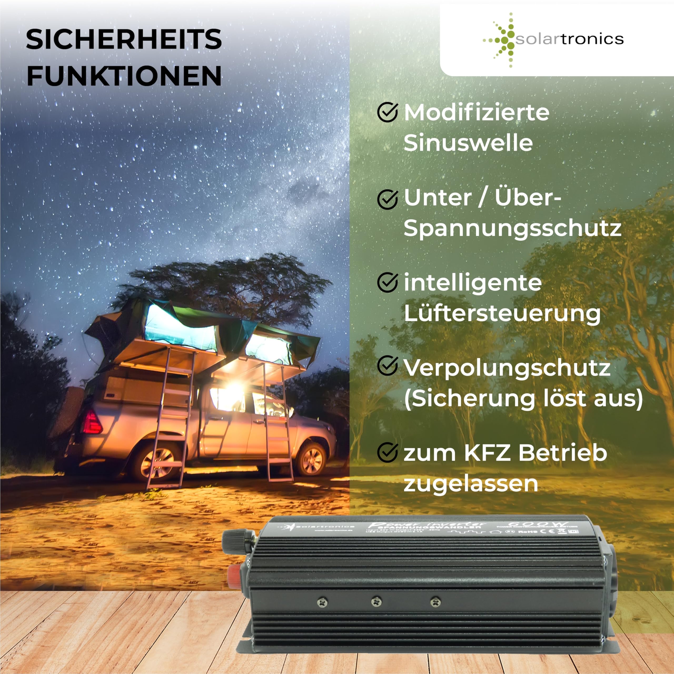 Solartronics Convertidor de Voltaje NM600 12V a 230V, 600W Continuo, 1200W Potencia Maxima, Onda Sinusoidal Modificada con Enchufe Schuko Puerto USB, Carcasa de Aluminio, Negro
