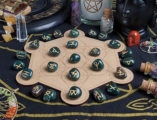 Miniatura 3 de Crocon Juego de piedras de sangre verde grabadas con runas de cristal de saúco futhark, runas curativas de reiki para meditación, equilibrio de