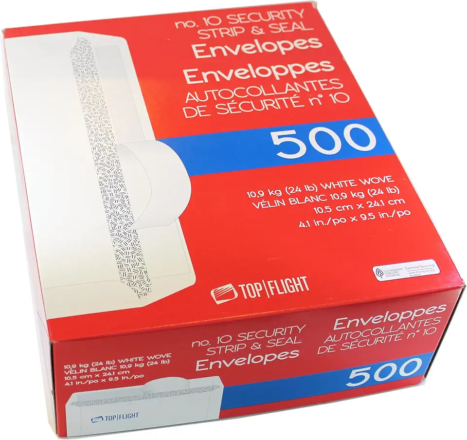 Top Flight PSTF10NWT #10 Envelopes, Strip &amp; Seal, Security Tinted, White Paper, 24 lb, 500 Count