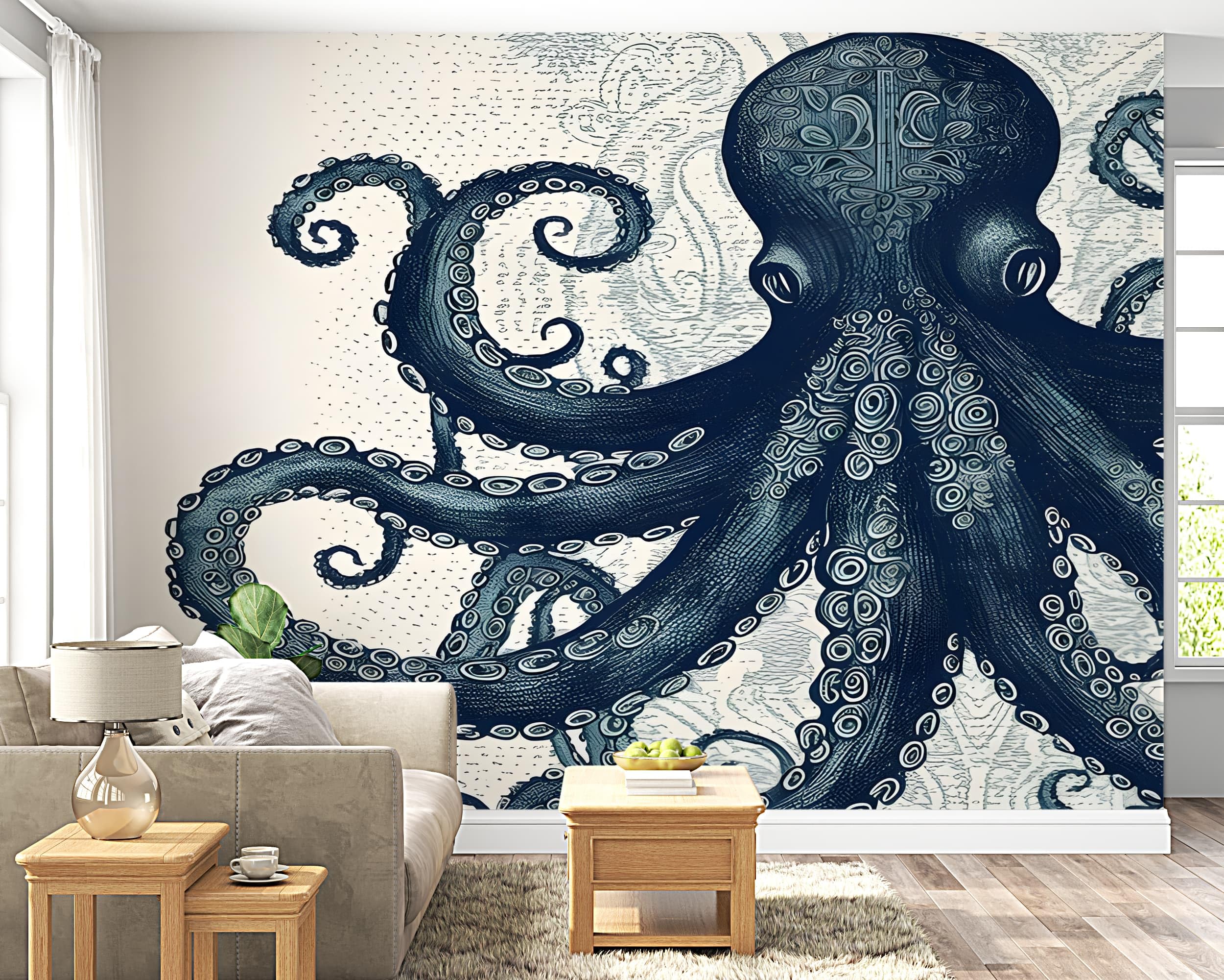 Papier Peint Panoramique Pieuvre Tentacule - Papier Peint Intissé Autocollant - Rétro Animaux Marins Décoration Murale - Adhésif Mural pour Salon Chambre, 400x280 cm - S-1030