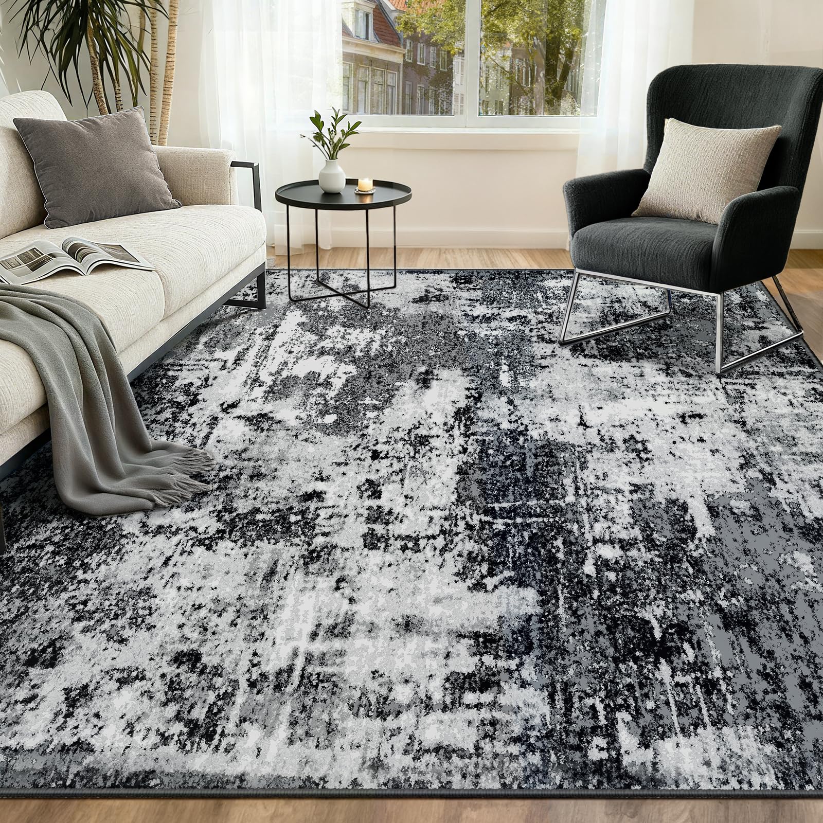 INOVADAY Washable Rugs Living Room 150x210 cm Modern Abstract Rug with Soft Low Pile Vacuum Friendly Non Slip Backing Minimalist Carpet for Lounge Bedroom Dining Room Home Office Black/Grey/White/Navy โ image 1