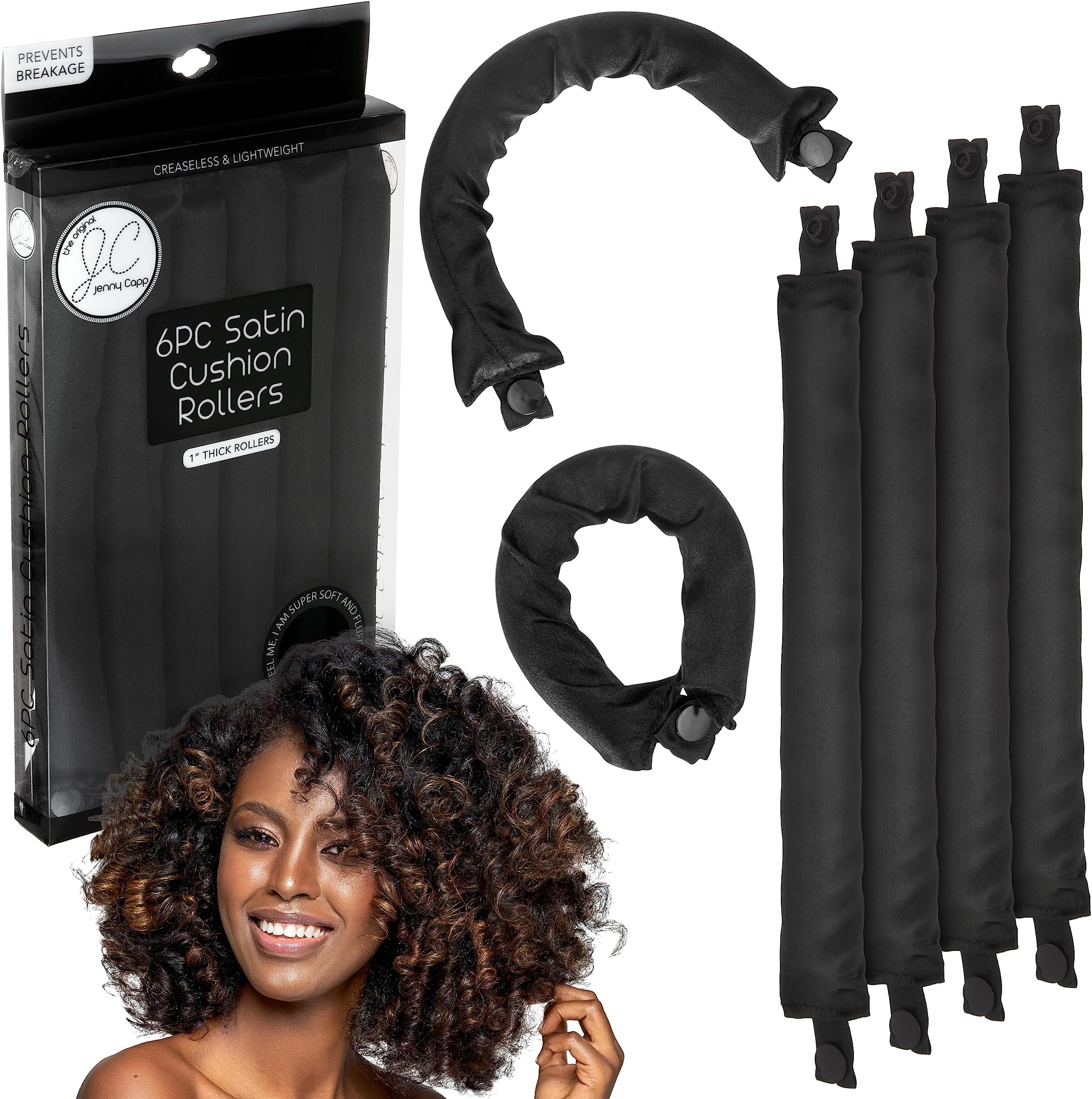 Jenny Capp 6pc Satin Cushion Hair Rollers 1" Thick - Super Soft Accessories for Women, Promote Healthy Curls & Prevent Breakage for Natural Hair