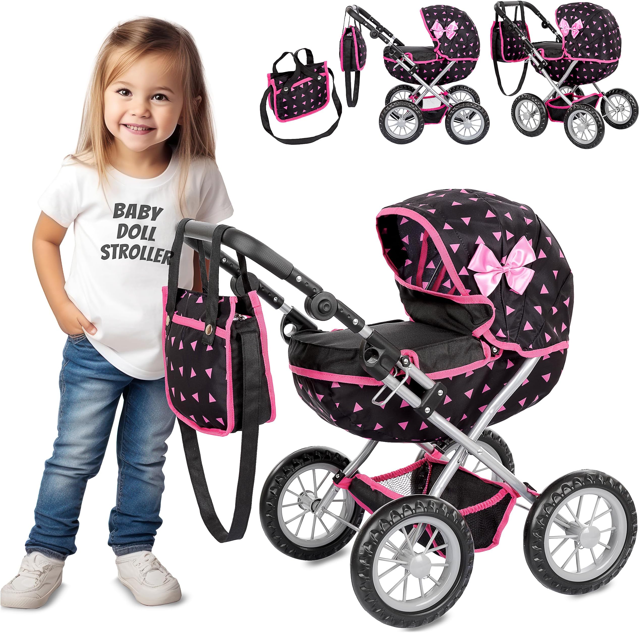 Adjustable Baby Doll Stroller Toy with Foldable Hood | Lightweight Design for Dolls Up to 16 Inches | Quiet Foam Wheels, Machine-Washable Bassinet Pram, Indoor and Outdoor Play, Model KP0262R