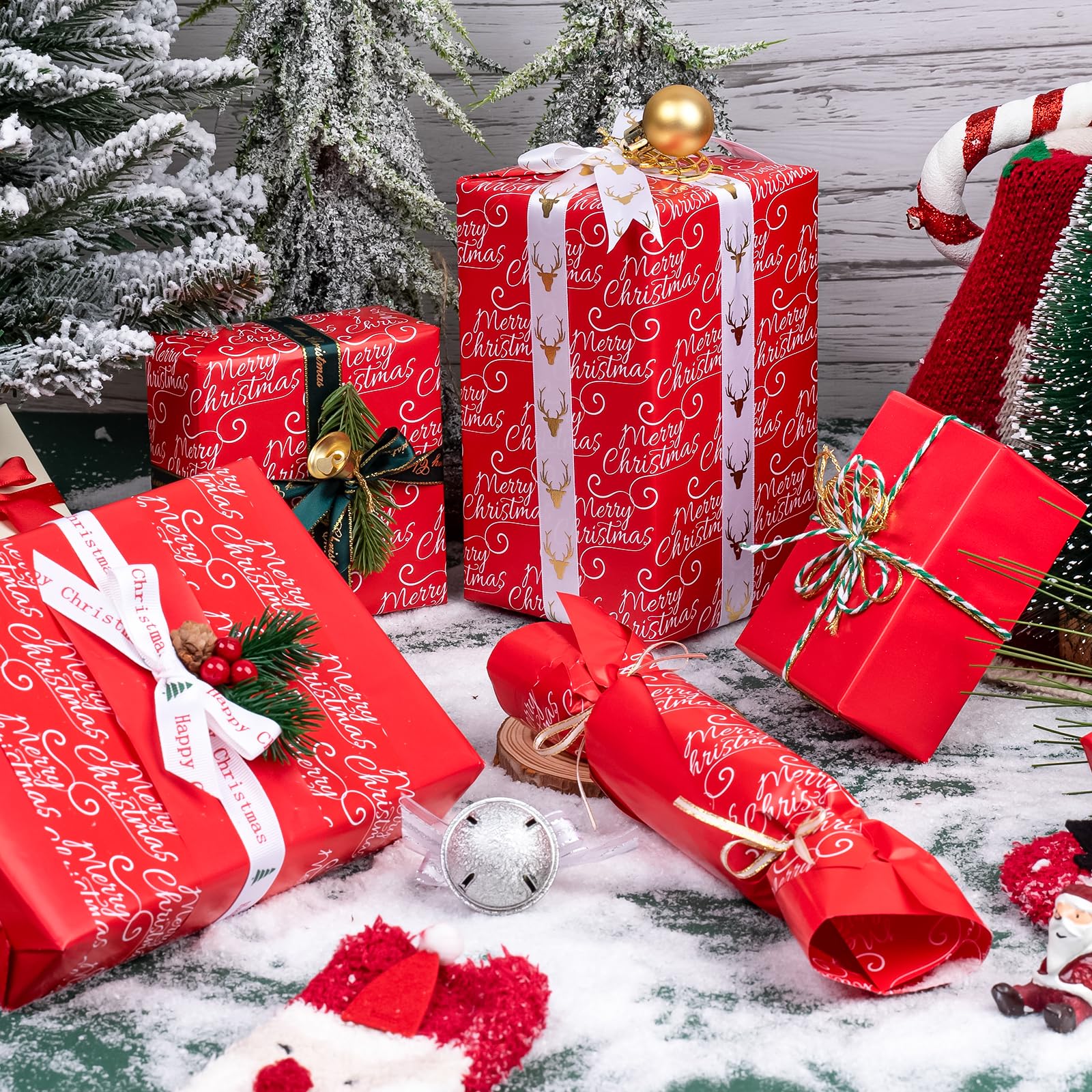 WRAPAHOLIC Wendbares Weihnachts-Geschenkpapier – 76,2 cm x 30 m Jumbo-Rolle Merry Christmas Schriftzug und solides rotes Design