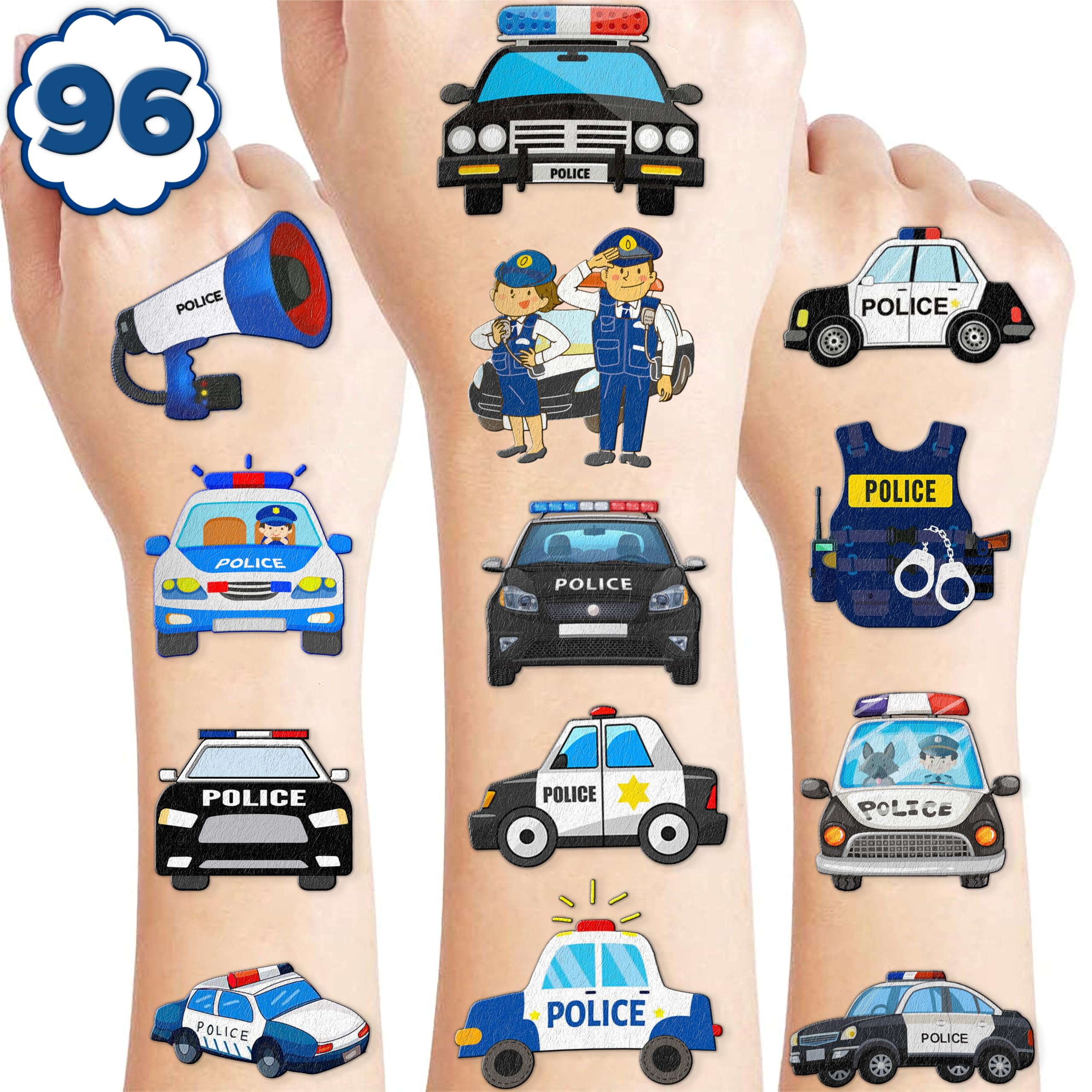 107 PCS Police Car Temporary Tattoos Themed Birthday Party Decorations Favors Supplies Décor Cute Cop Officer Policeman Blue Tattoo Stickers Gifts For