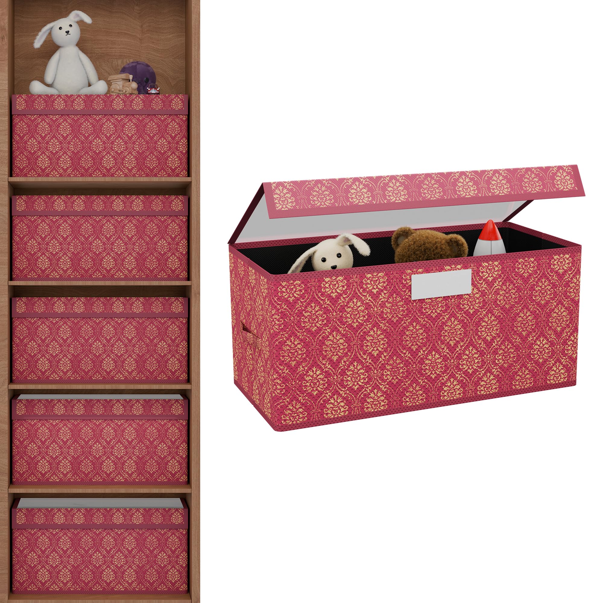 Kuber Industries Storage Box with Transparent Lid | Closet Organizers for Toys & Book Storage | Foldable Almirah Dress Organizer | Cupboard/Wardrobe Drawer Organiser | Large - Printed | Maroon