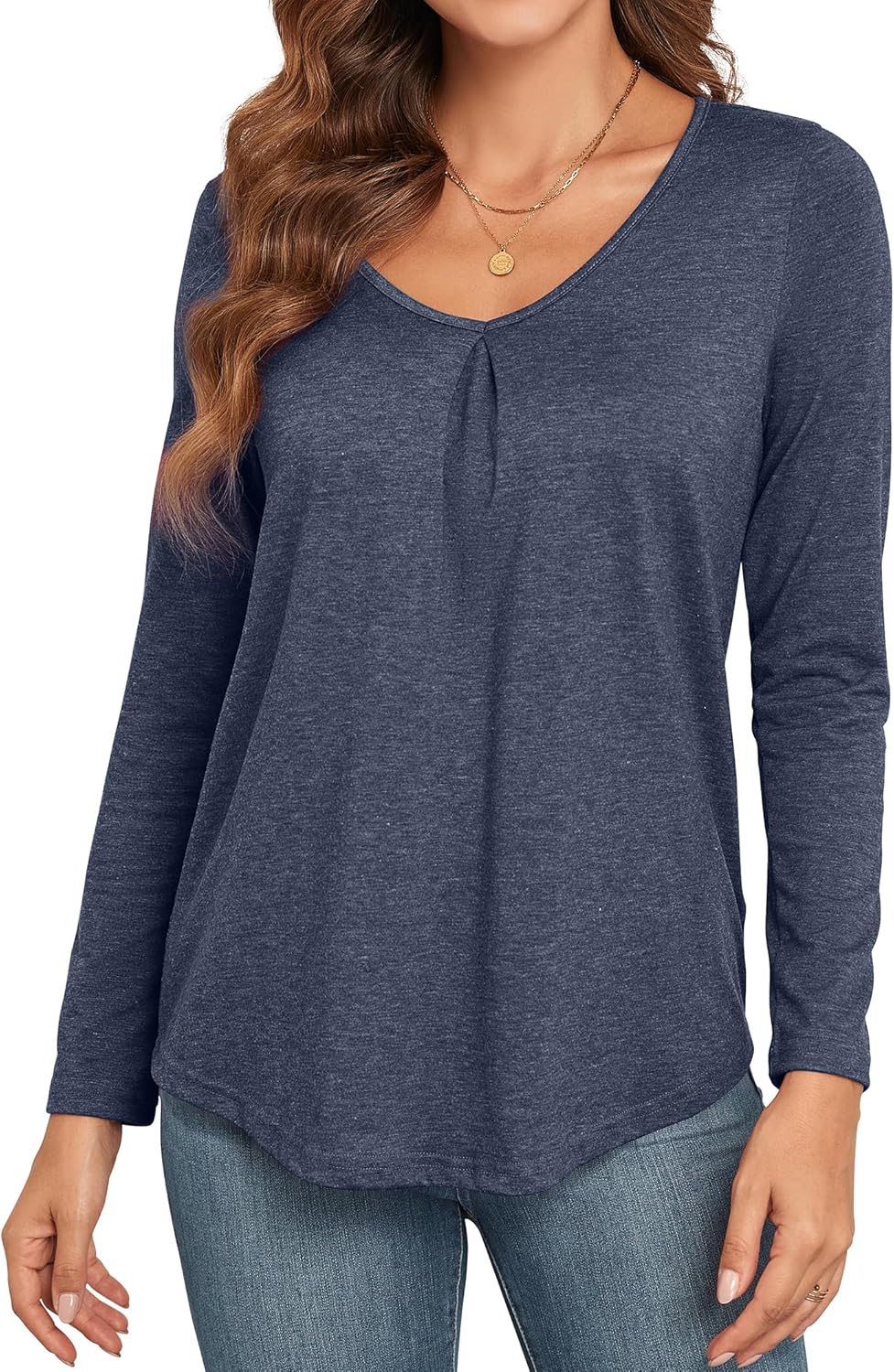 Long Sleeve Shirts for Women Casual V-Neck Pleated Fall T-Shirts Loose Fit Tunic Tops Blouses