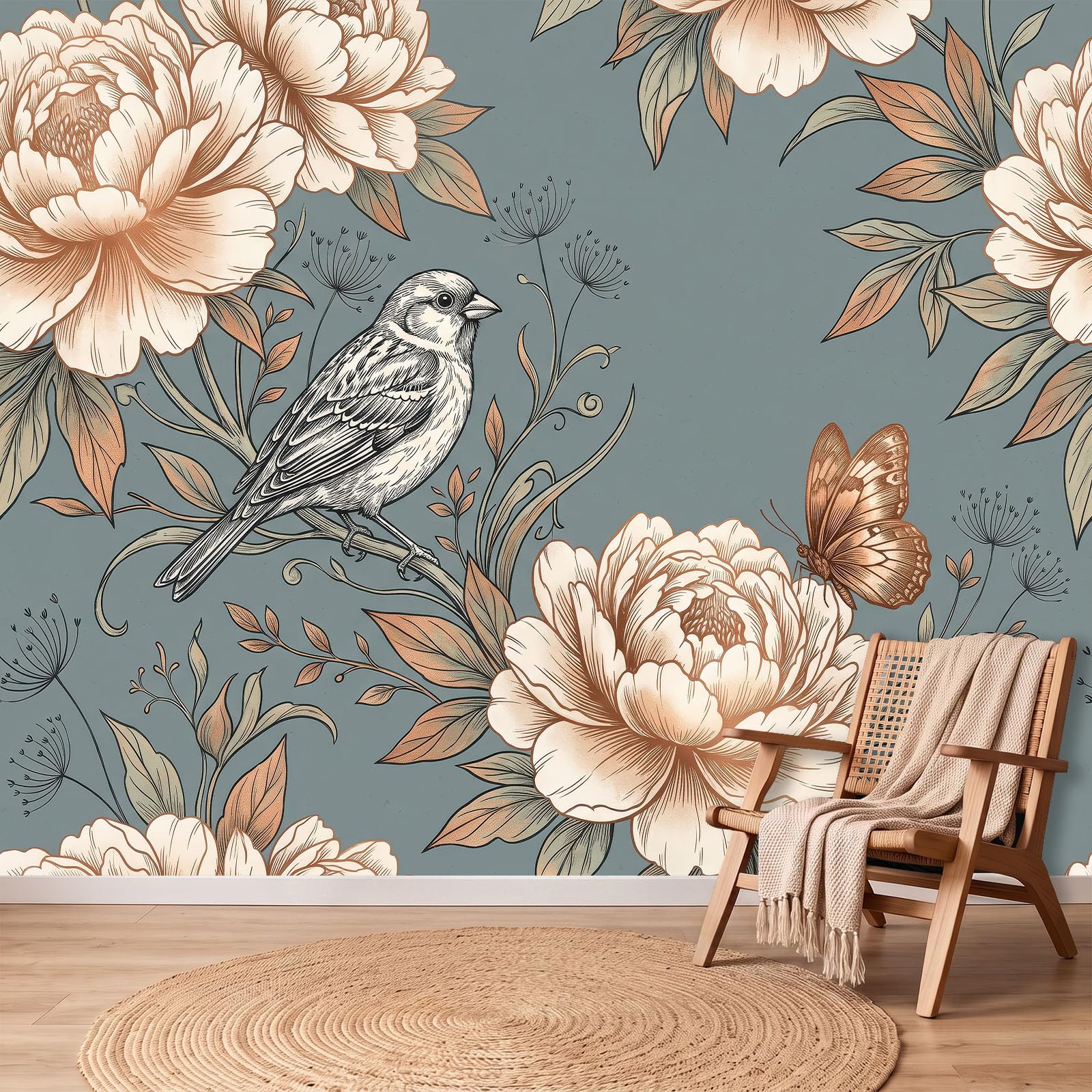 Tapeta z włókniny w stylu retro z motywem kwiatu piwonii i wróbla 200 x 140 cm do pokoi dziecięcych, tapeta z flizeliny, ptak rośliny i kwiaty, fototapeta do salonu