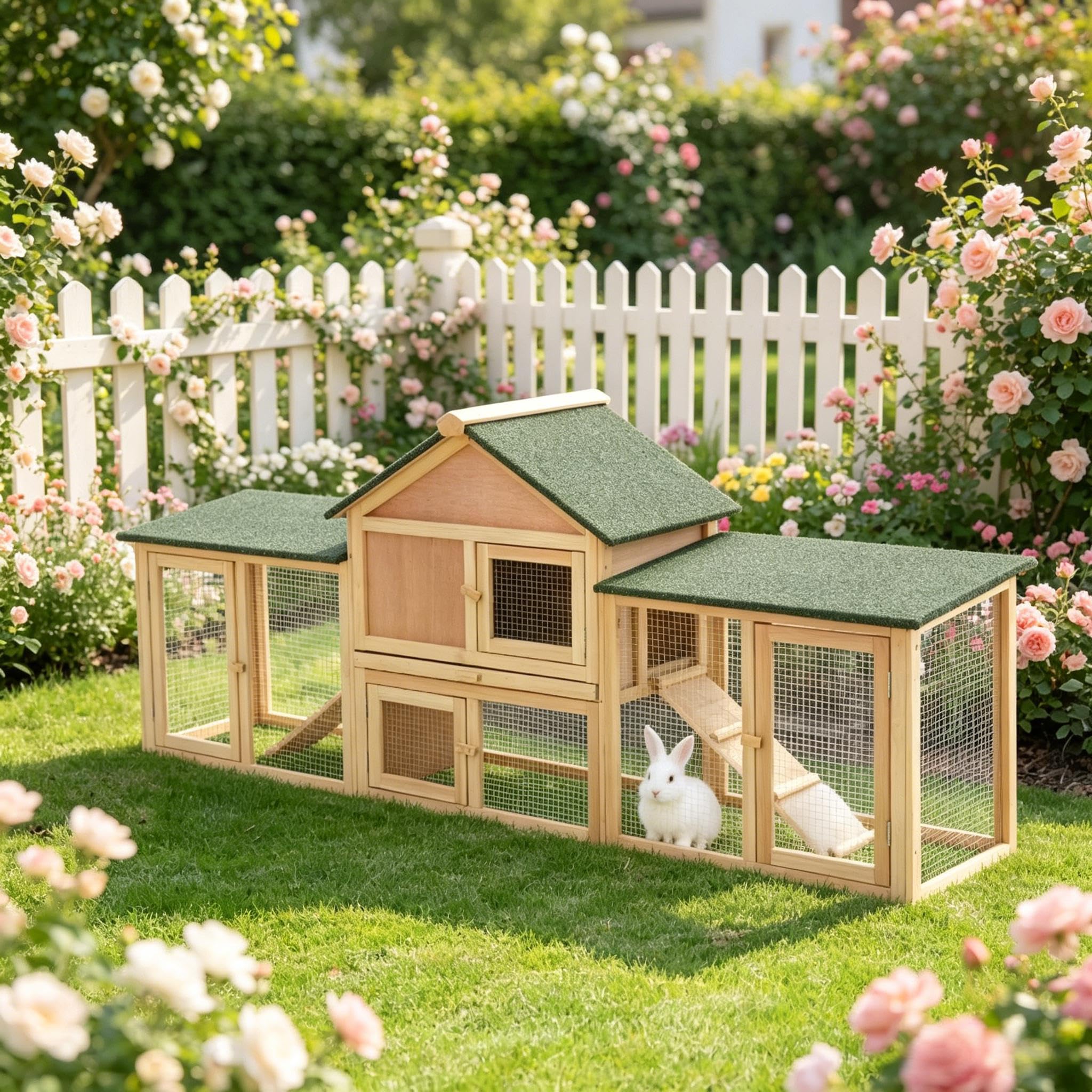 Gran Cabaña De Conejo Al Aire Libre Con Techo De Asfalto, Cajón Deslizante Y 2 Patios De Juego, Jaula Para Mascotas Para Conejos