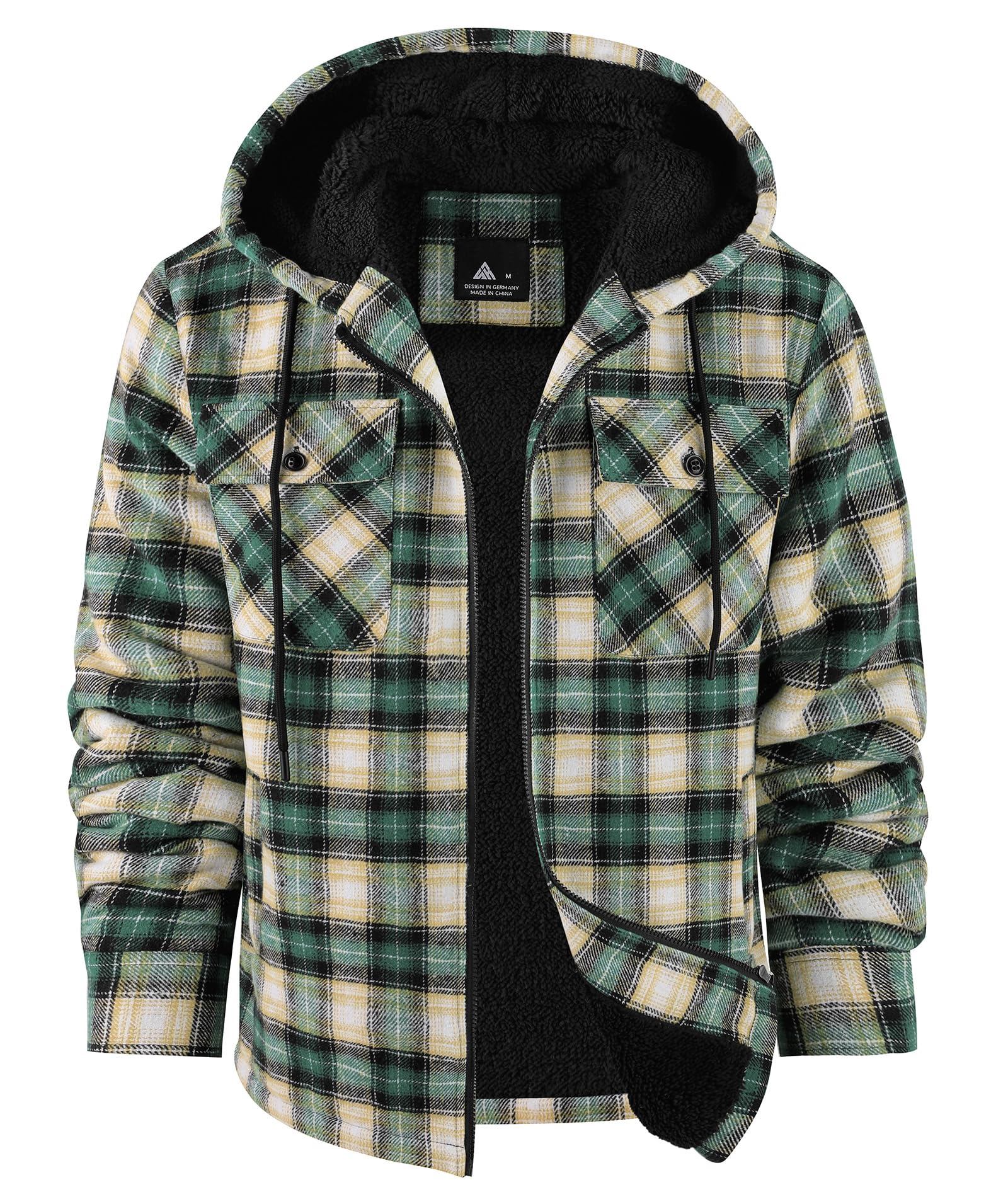 JACKETOWN Herren Fleecejacke Flanell Hemdjacke mit Kapuze Übergangsjacke Warm Gefüttert Kariertes Holzfällerhemd Winterjacke mit Taschen Casual Outdoor Mantel für Herbst Winte