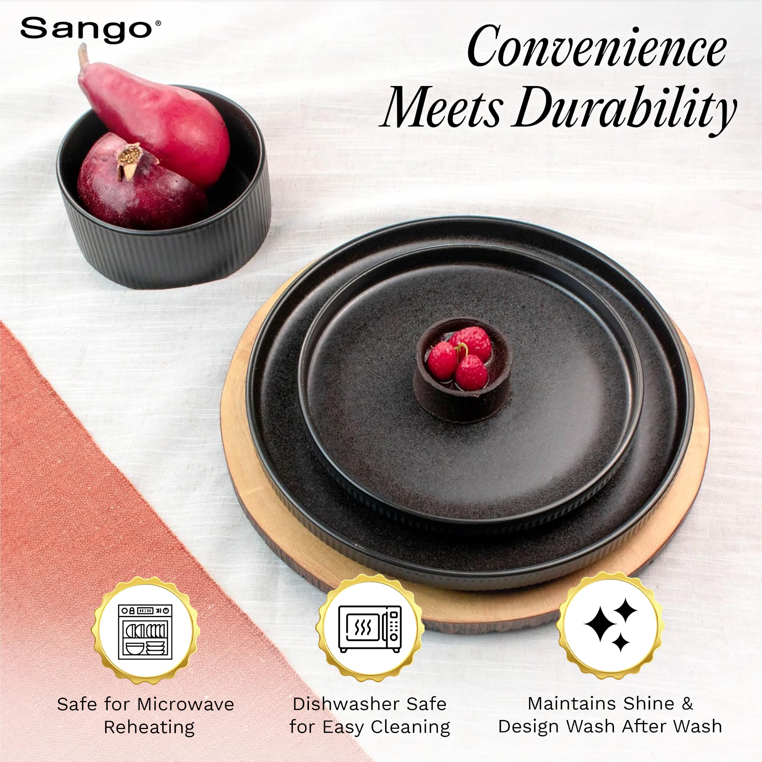 Sango Anderson Geschirr-Set aus Steingut, geriffelt, modernes schwarzes Geschirr für 4 Personen, Premium-Servierteller und Schüssel-Sets, splitter- und kratzfest, Keramik-Küchenschale, mikrowellen