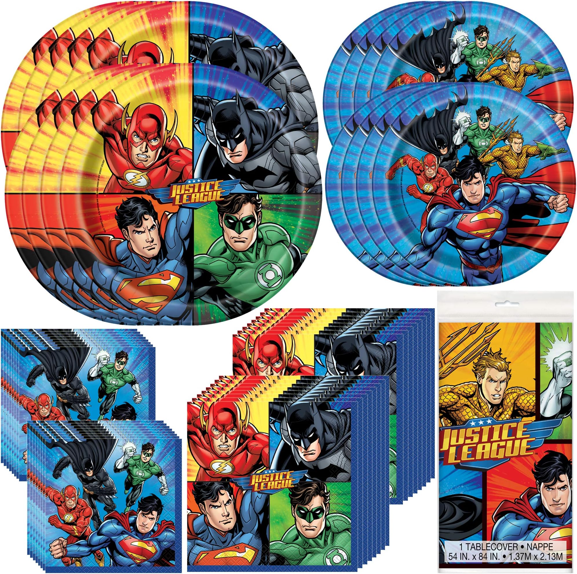 Unique Justice League Party Bundle | Luncheon & Beverage Napkins, Dinner & Dessert Plates, Table Cover | Great for Action/Superhero/Comics Birthday Themed Parties