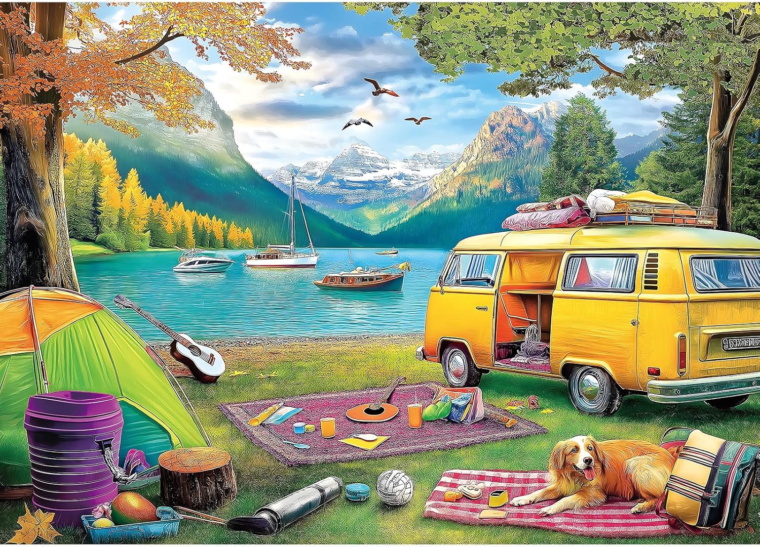 Blueforest 1000 Piece Jigsaw Puzzles for Adults & Seniors - Lake Mountain Camping Camper Van Dog Puzzle, 27.5"x19.7" Adult Puzzle with Letters on Back, Home Decor Gift