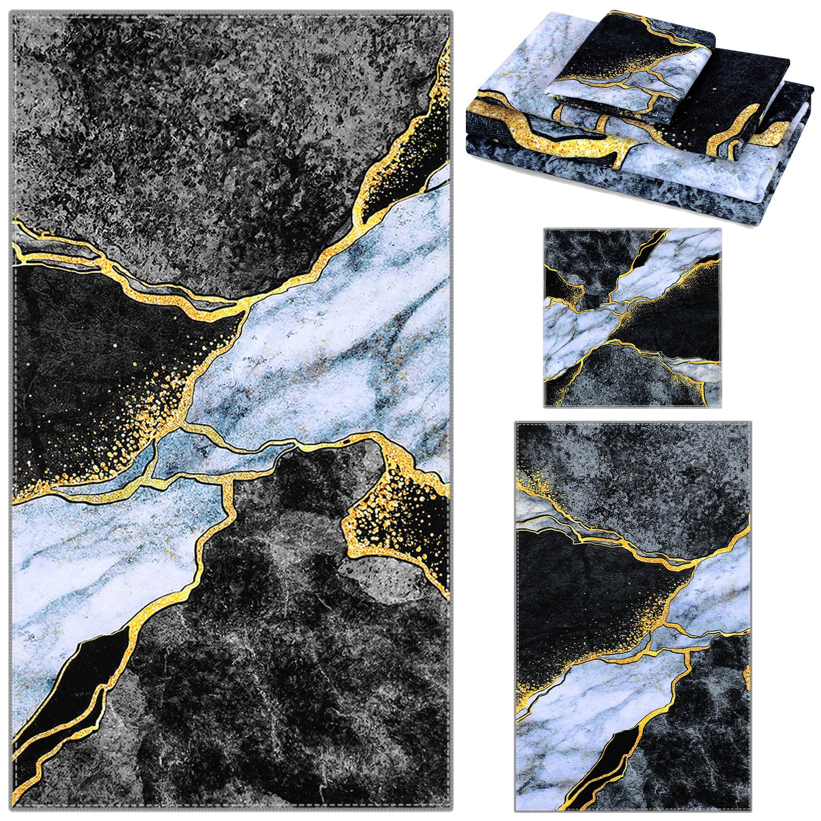 Preboun 3 Pack Black Marble Bathroom Towels Set Gold Line Hand Towels Black Bath Towels Gold Crack Dish Towels Absorbent Fingertip Towel for Bathroom Kitchen Hotel Beach Gym SPA