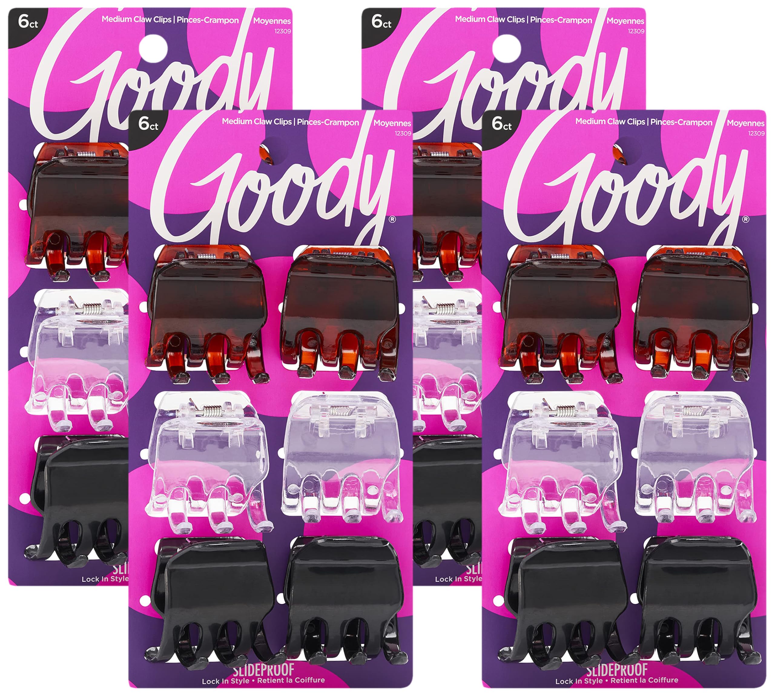 Goody Classic Claw Hair Clips - 6-Count, Clear, Brown and Black - 1/2 Claw Will Gently Keep Hair Secured In Place with a Long Lasting Hold, color may vary (Pack of 4)