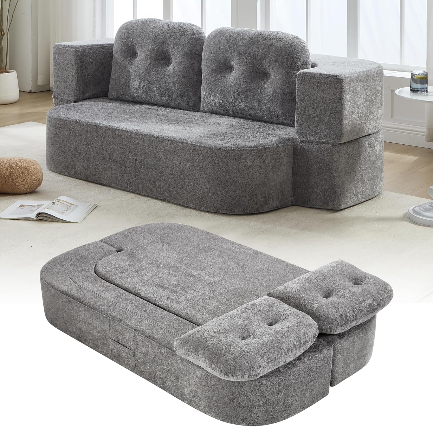KIVENJAJA 78.7" Boneless Loveseat, Convertible Folding Sofa Bed Full Size with Pillows, Comfy Cloud Fold Out Couch, Foldable Sleeper Sofa Bed for Living Room, Small Spaces, Office, Apartment, Grey