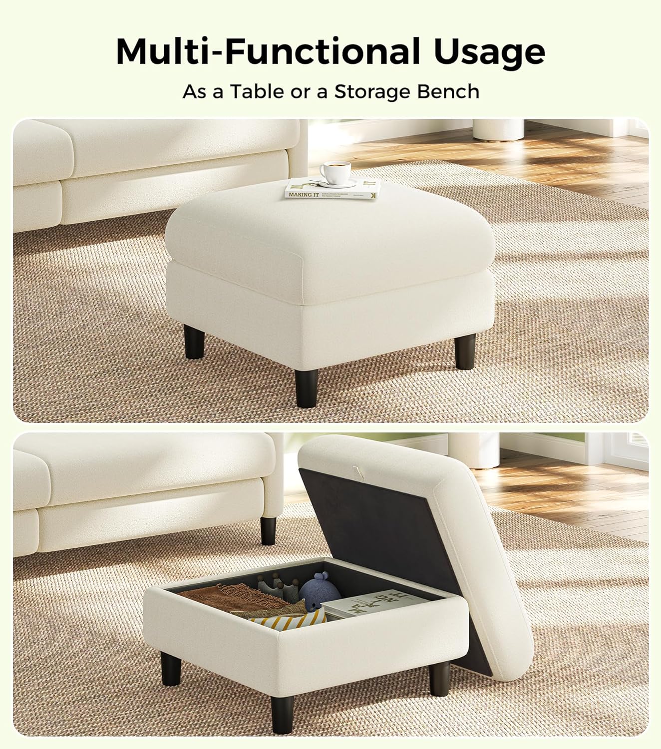 Welzona Teddy Storage Ottoman, 26.7" Large Living Room Ottoman, All-Wood Coffee Table Ottomans with Storage, Tool-Free Setup Ottomans for Living Room, Bench for Bedroom, Beige