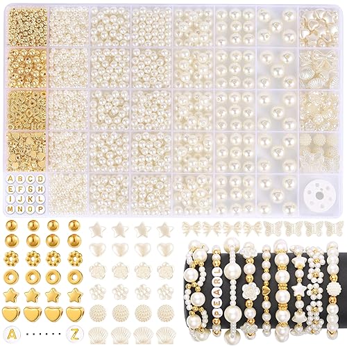 Funtopia 1860pcs Beads Bracelet Making Kit, 5 Sizes Round White Pearl Beads, Multi-shape Pearls and Gold Spacer Bead, Assorted Bead for Jewelry Making, DIY Art Crafts for Women Girls