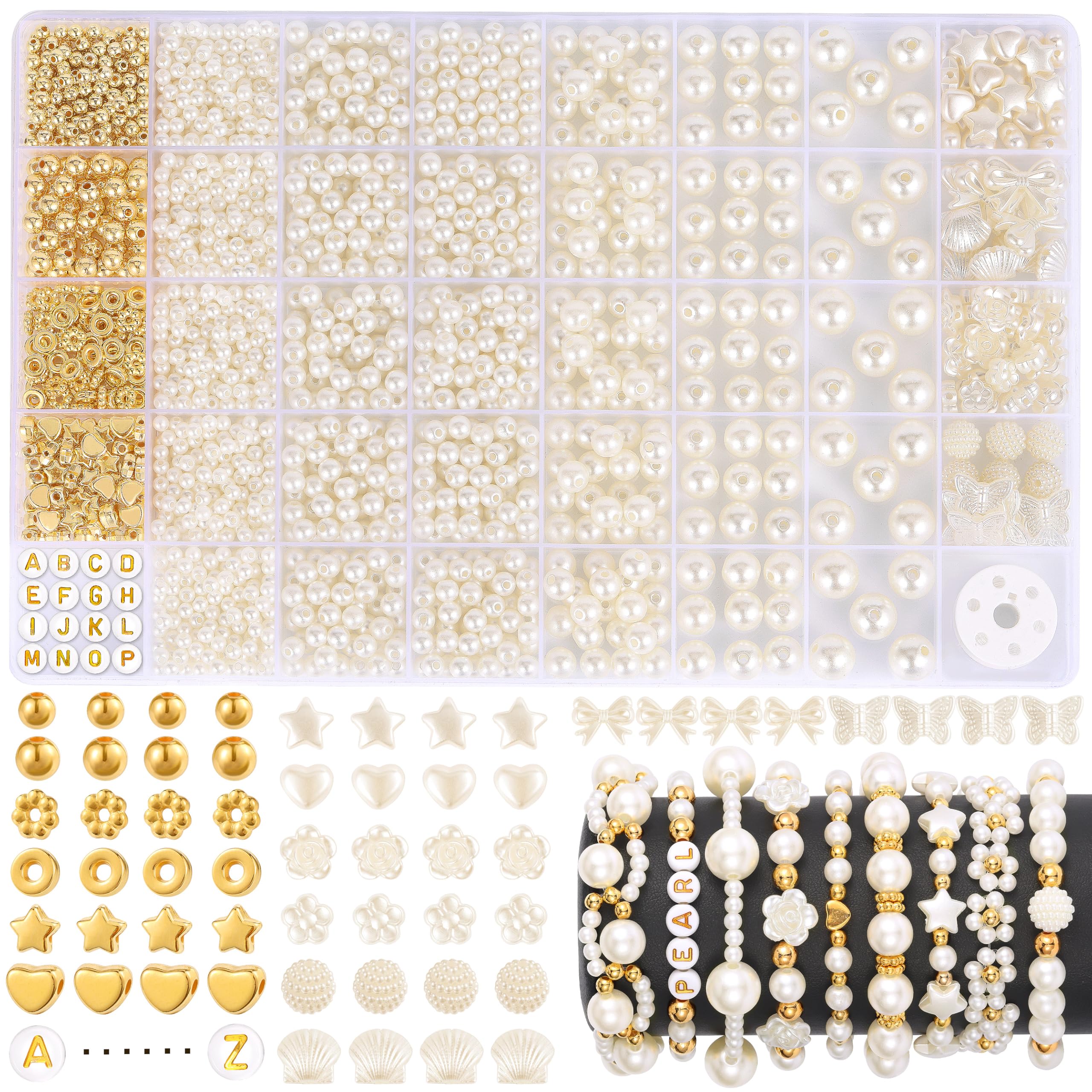 Funtopia 1860pcs Pearl Beads for Jewelry Making, 5 Sizes Round Pearls Bracelet Making Kit, Pearl Beads with Gold Spacer Bead Letter Star Heart Bow Bead for Necklaces Earrings DIY Crafts