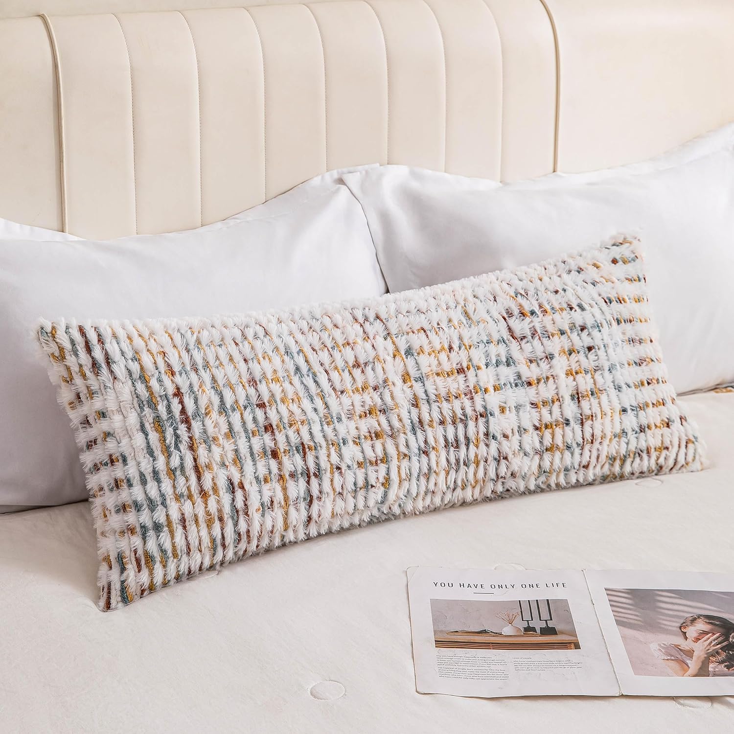 Boho Lumbar Pillow Covers 1 Pack 14x36 Inch Farmhouse Tufted Long Accent Body Pillow Covers for Bed, Neutral Fluffy Boho Throw Pillowcase for Couch Bedroom, Living Room Home Décor Yellow White