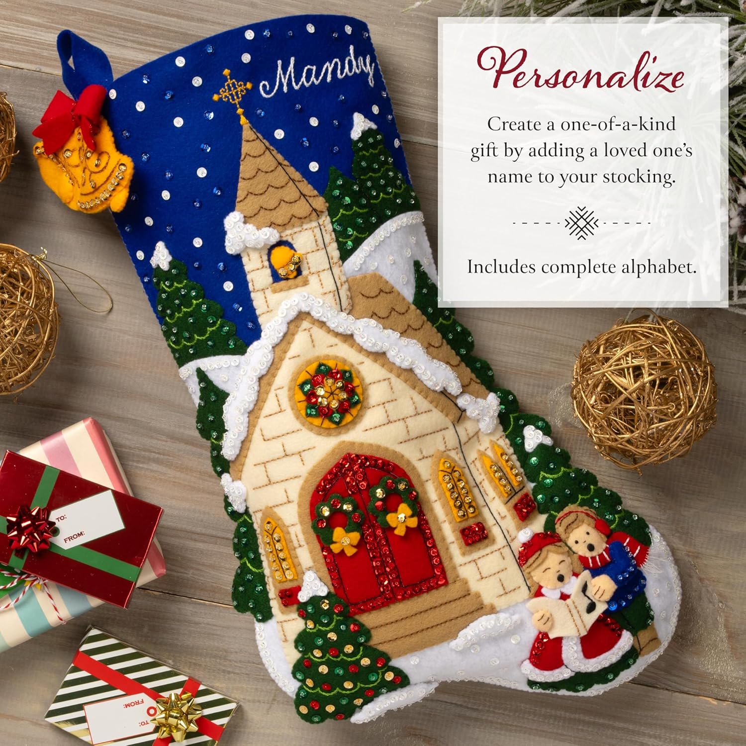 Bucilla Felt Applique 18" Stocking Making Kit, Yuletide Chapel, Perfect for DIY Arts and Crafts