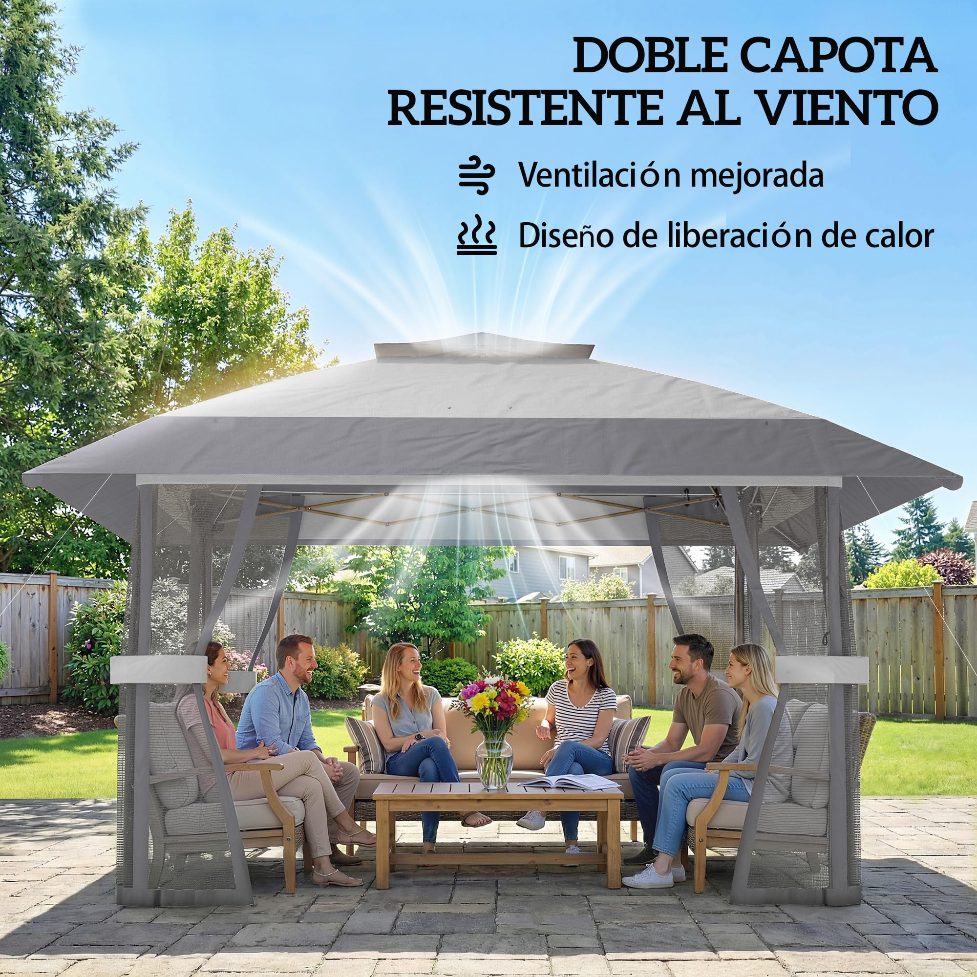 Outsunny Carpa Plegable 4x4 m, Pop-up, con Doble Techo, 4 Paredes Laterales de Malla, Cenador de Jardín con Altura Ajustable 3 Niveles, Bolsa de Transporte, UPF30+, Gazebo para Camping, Fiestas, Gris