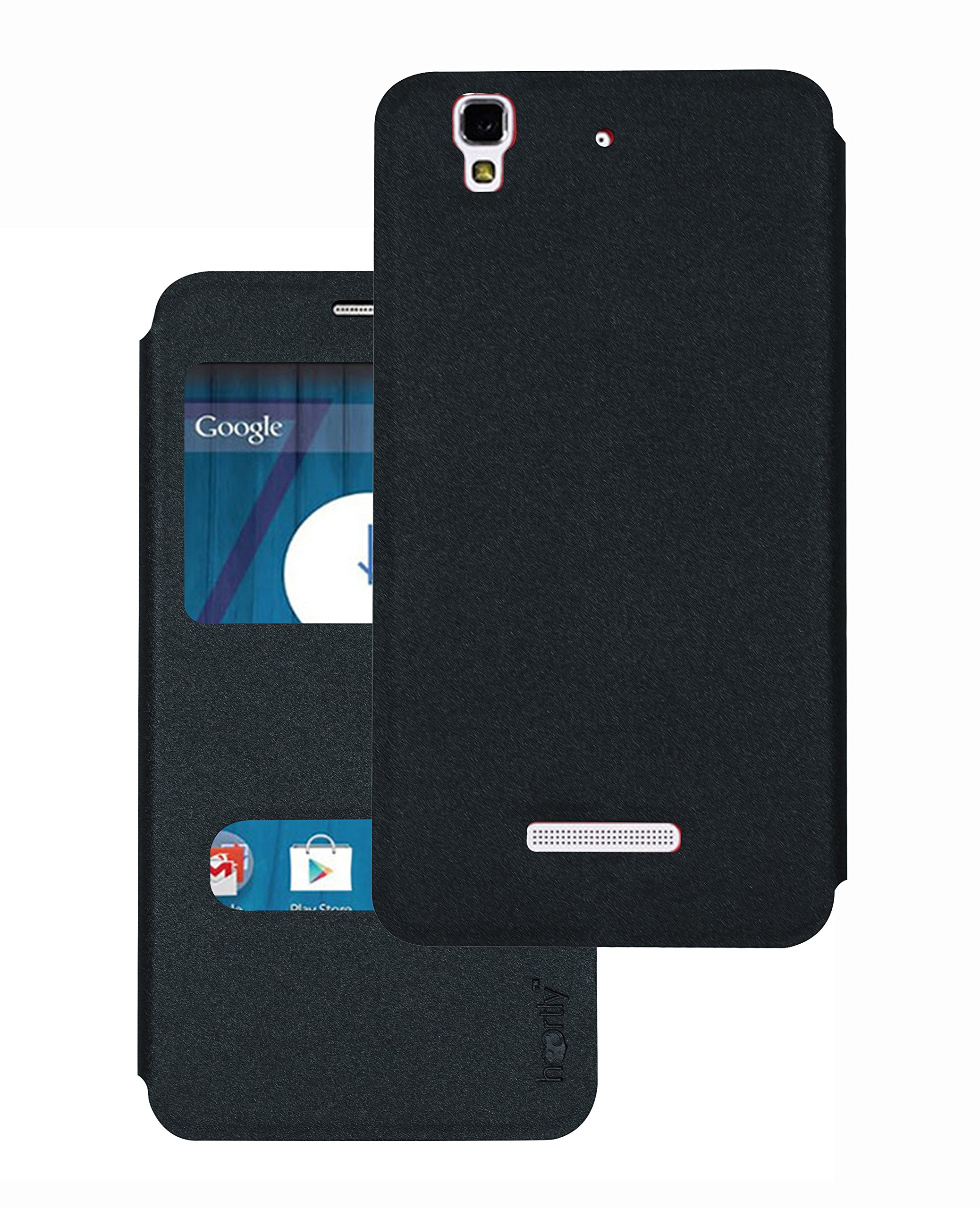 Heartly Gold Sand Sparkle Luxury PU Leather Window Flip Stand Back Case Cover for Yu Yureka/Yureka Plus Cyanogen mod - Best Black