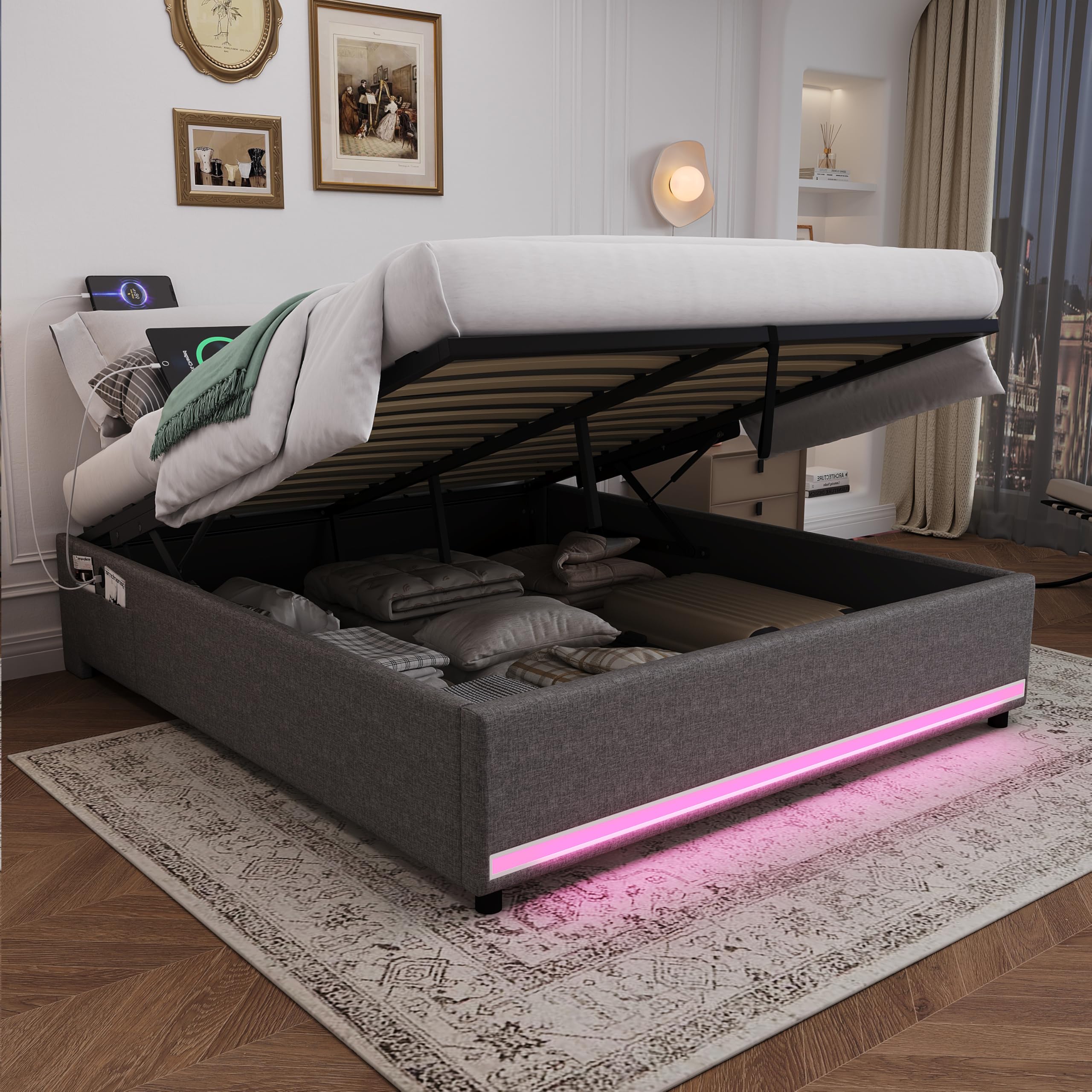 4ft6 Double Bed Frame with LED Lighting & Charging Station, No Headboard Upholstered Ottoman Bed with Hydraulic Lift, Functional Gas Lift Storage Beds with Wooden Slats, Linen, Grey, No Mattress