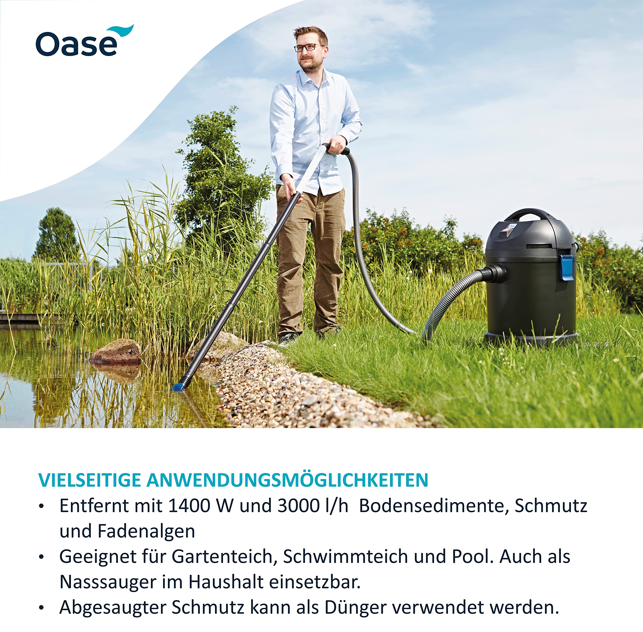 Oase 50529 PondoVac Classic, 1400 W, 3000 l/h - Teichschlammsauger, Reinigung und Wasseraufbereitung inkl. 4 Saugdüsen für für Teiche aller Art und Haushalt