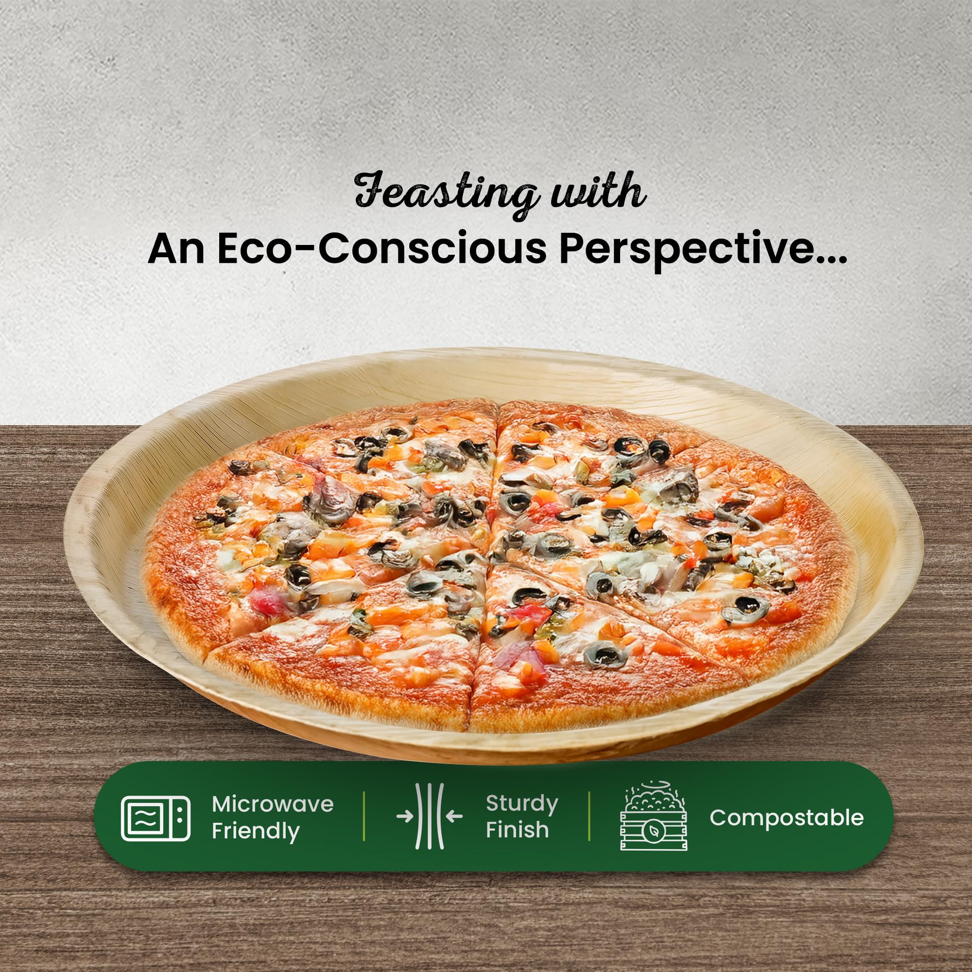 Eco Leaf - Paquete de platos desechables de hoja de palma de 36 cm, ecológicos, compostables y biodegradables para pizza, charcutería y eventos, fuertes, aptos para microondas y horno