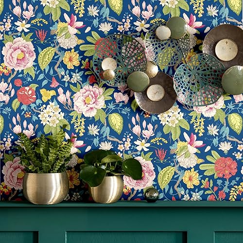 Miniatura 4 de Blooming Wall DPYB30 - Papel tapiz autoadhesivo, diseño de maganolia retro sobre fondo azul, extraíble, autoadhesivo, 14.5 pies cuadradosrollo