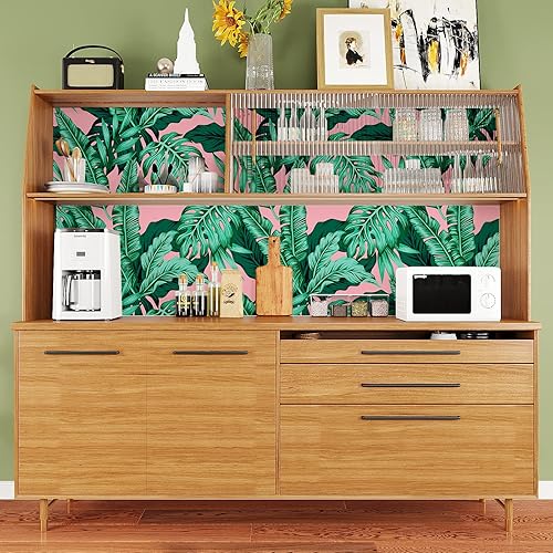 Miniatura 8 de VEELIKE Papel tapiz tropical rosa con hojas de palma, papel tapiz autoadhesivo para pared, papel adhesivo de 17.7 x 354 pulgadas, papel adhesivo
