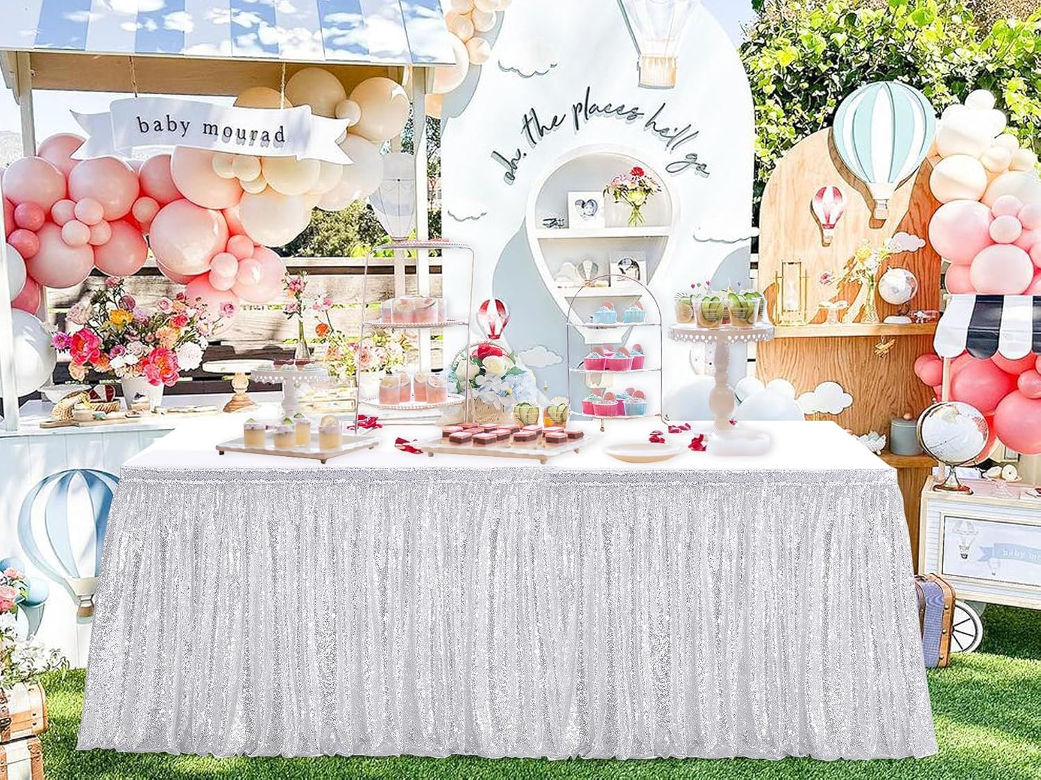 14ft Silver Table Skirts for Rectangle Tables Sequin Tablecloth Banquet Table Skirt for Party