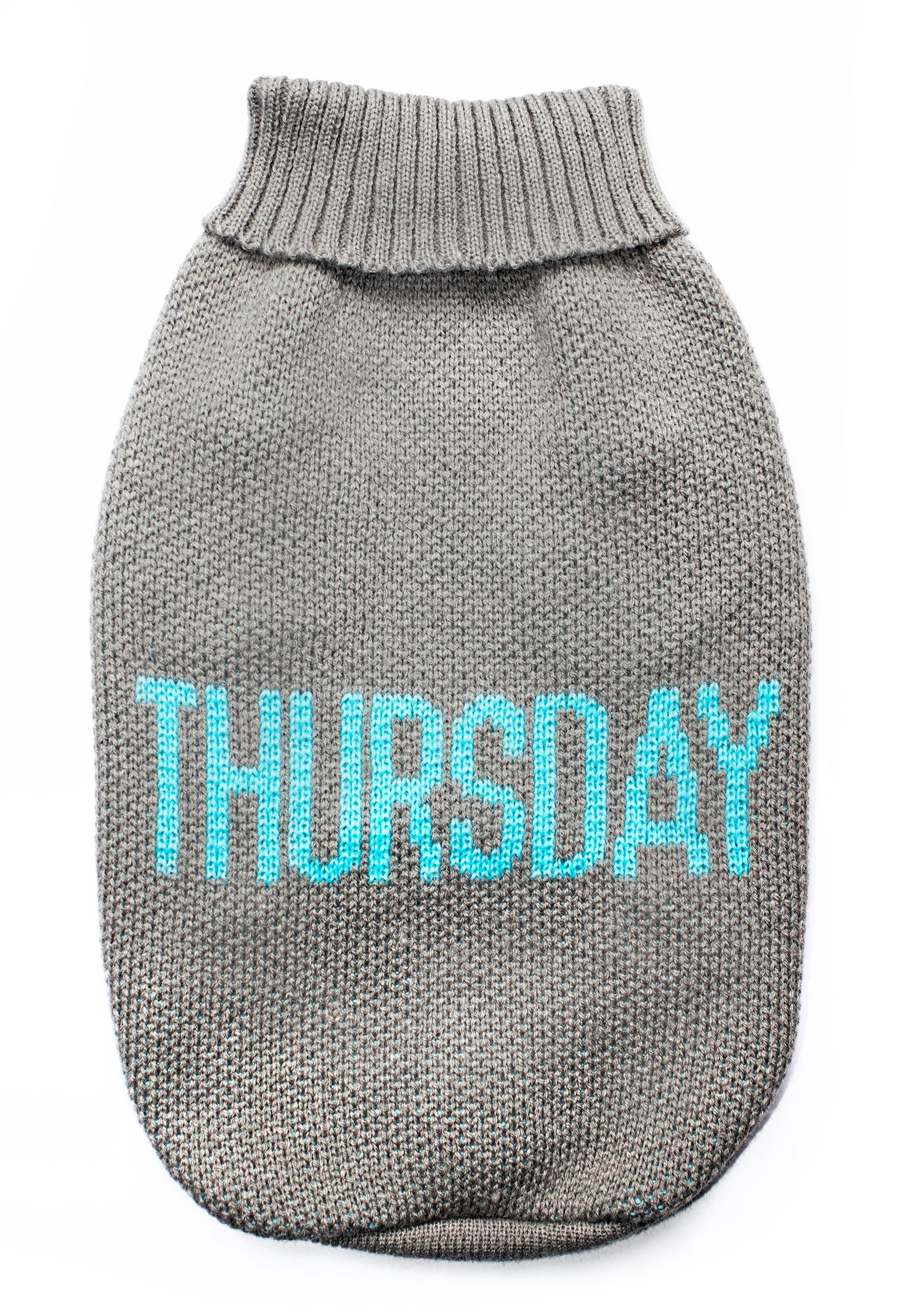 Record - Dog Sweater Everyday Soft High Neck Sweater with Elasticated Waistband, Embroidered 'Thursday' | Grey, S - Back Length 35cm